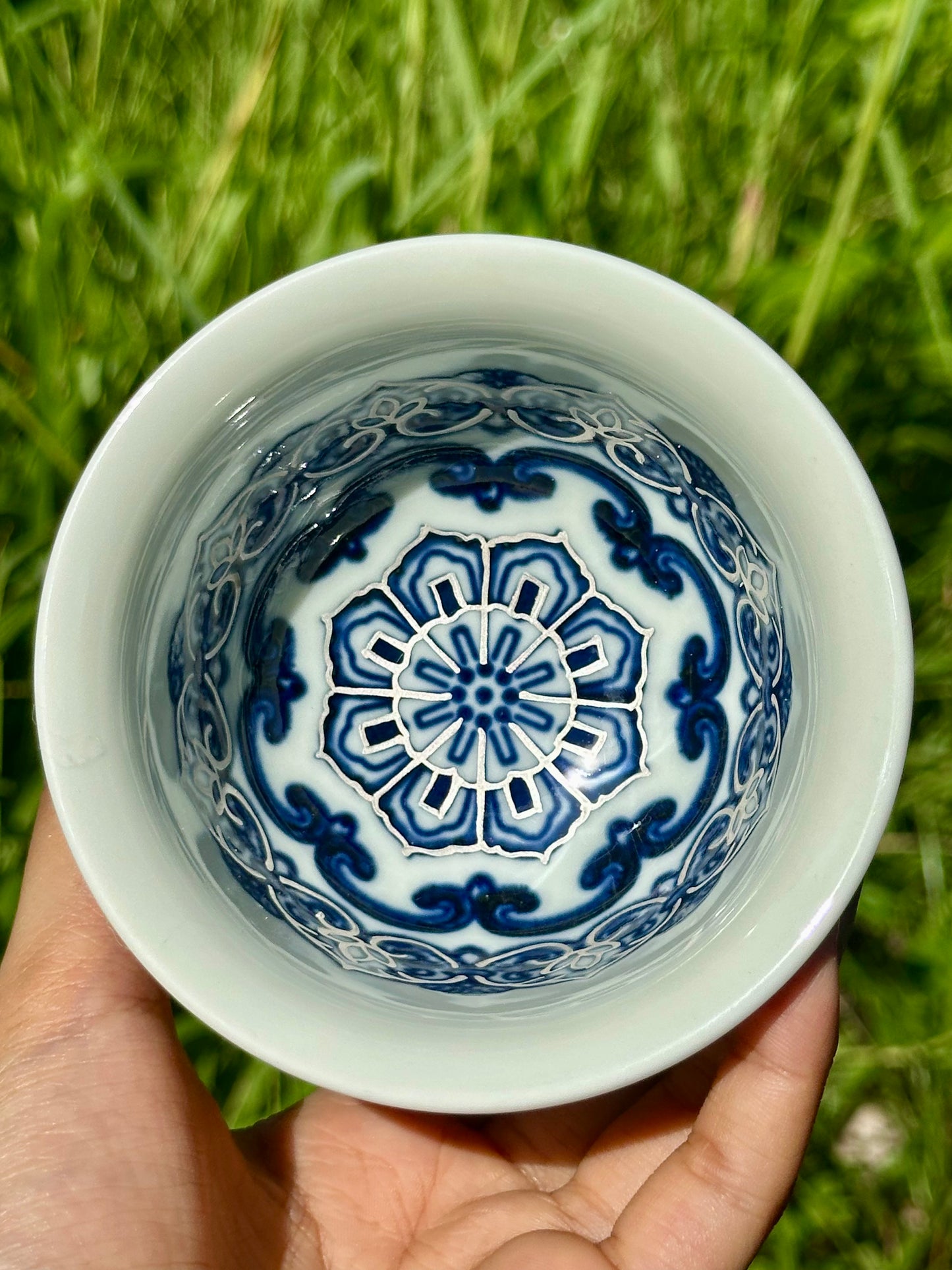 Handpainted Silver Decorative Blue White Porcelain Mandala Flower Gaiwan Tea Tray High Class Set