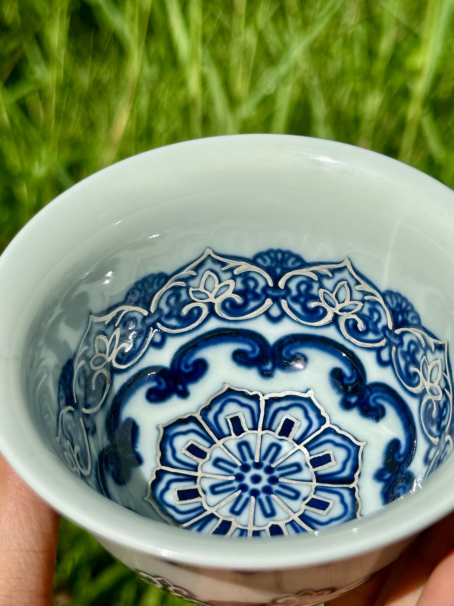 Handpainted Silver Decorative Blue White Porcelain Mandala Flower Gaiwan Tea Tray High Class Set