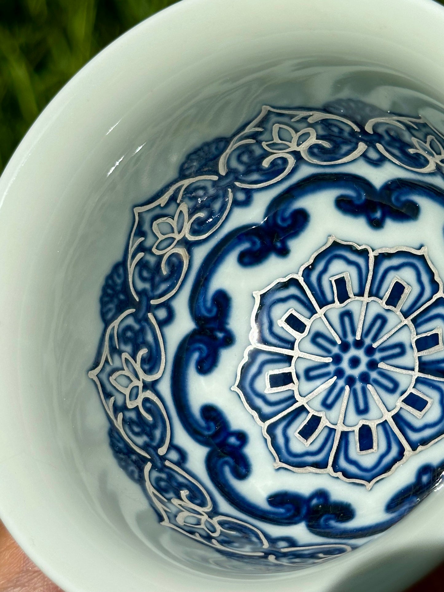 Handpainted Silver Decorative Blue White Porcelain Mandala Flower Gaiwan Tea Tray High Class Set