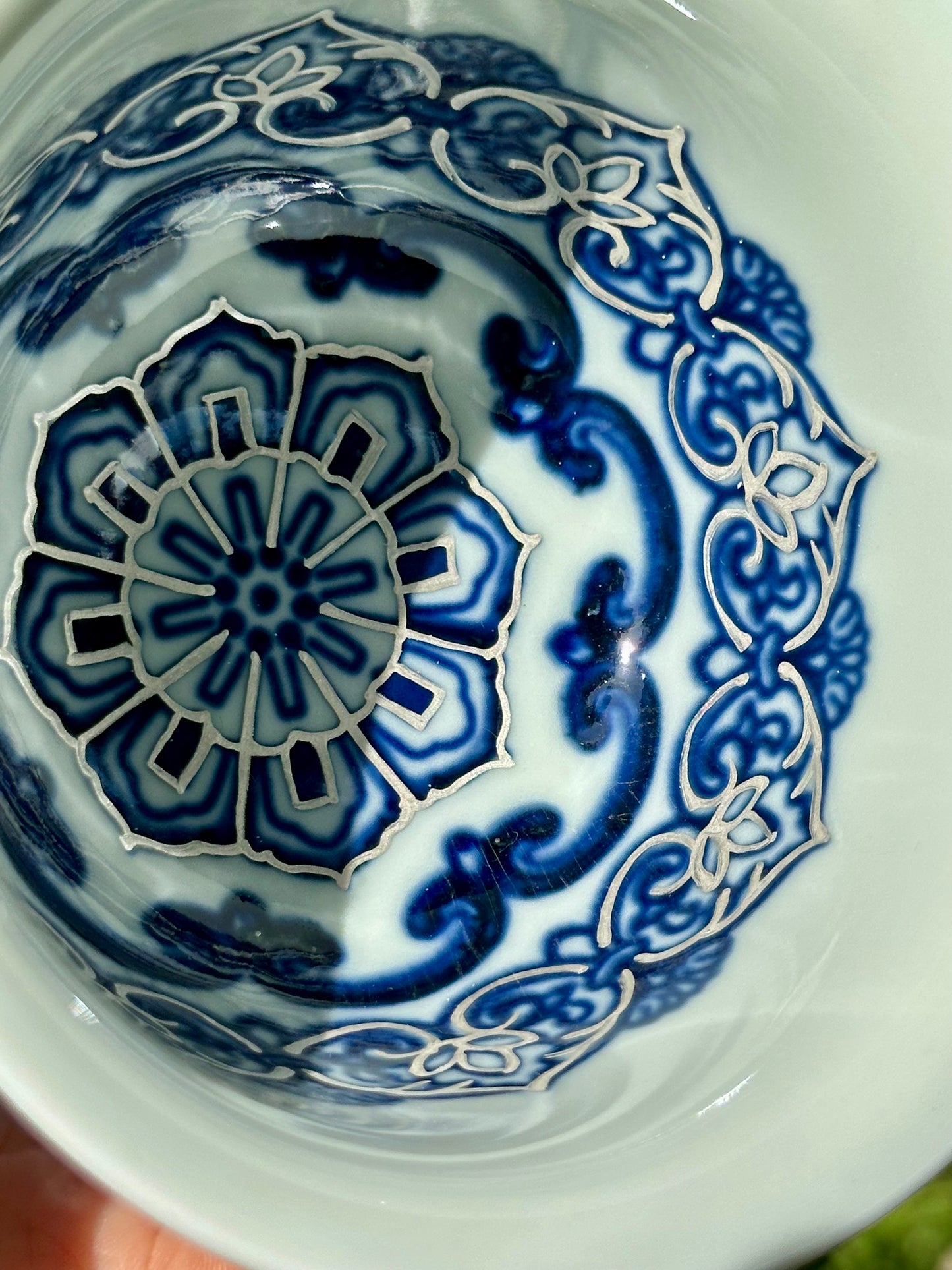Handpainted Silver Decorative Blue White Porcelain Mandala Flower Gaiwan Tea Tray High Class Set