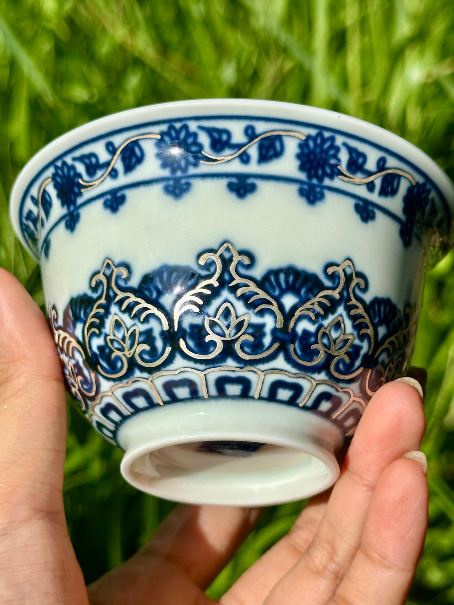 Handpainted Silver Decorative Blue White Porcelain Mandala Flower Gaiwan Tea Tray High Class Set