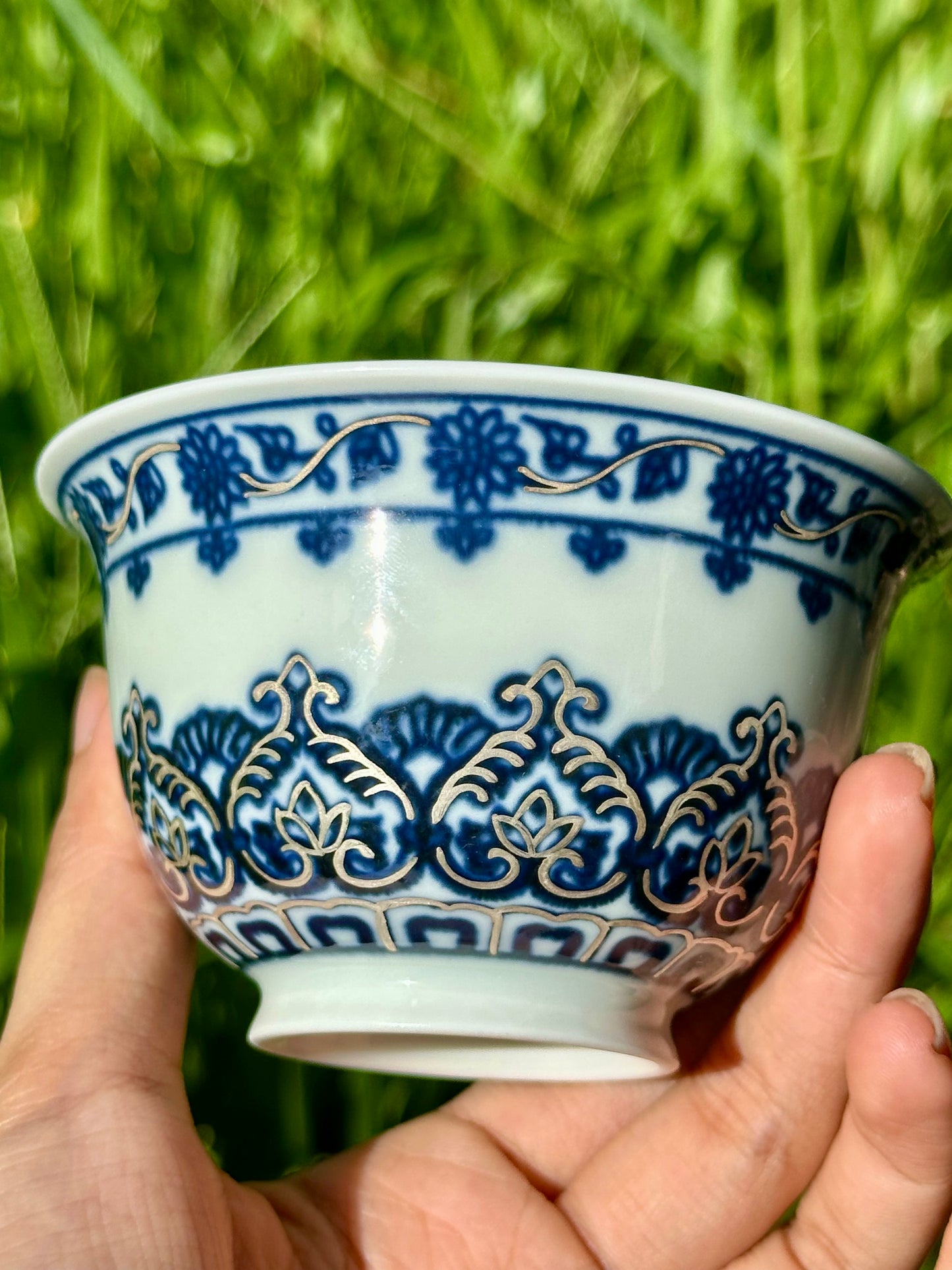 Handpainted Silver Decorative Blue White Porcelain Mandala Flower Gaiwan Tea Tray High Class Set