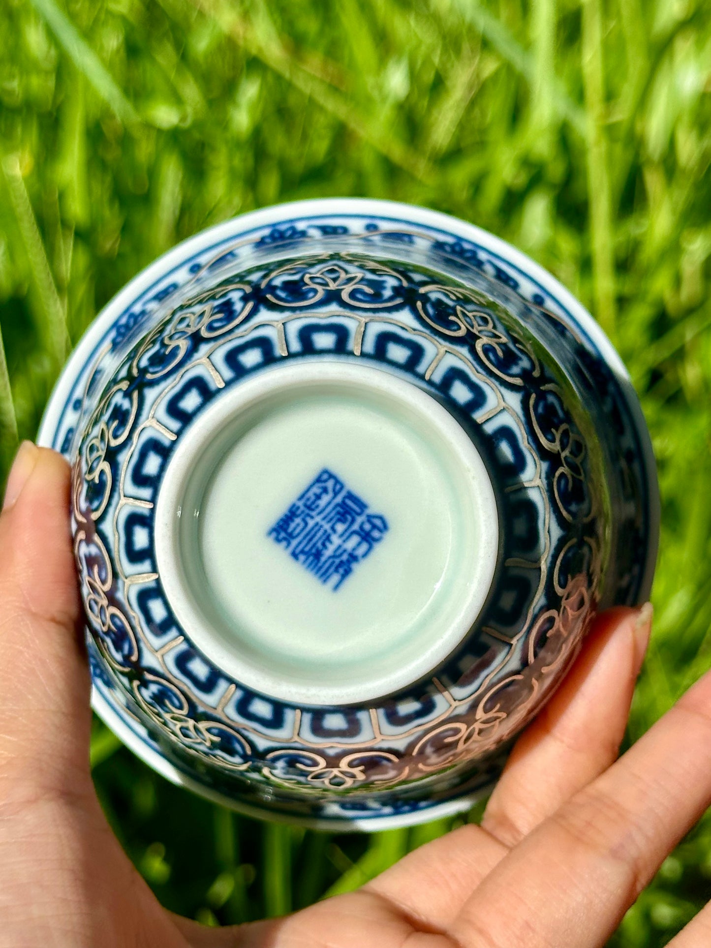 Handpainted Silver Decorative Blue White Porcelain Mandala Flower Gaiwan Tea Tray High Class Set