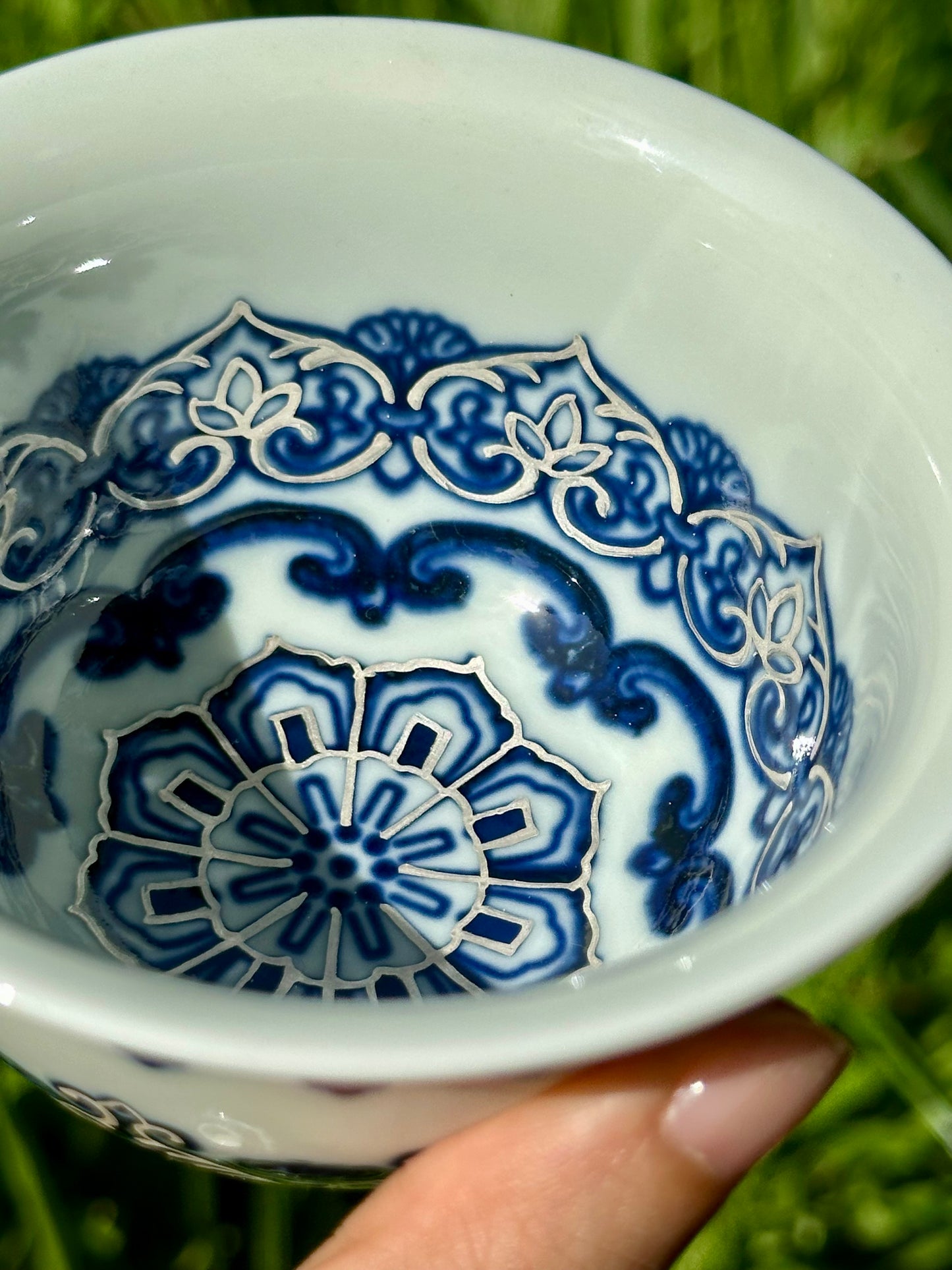Handpainted Silver Decorative Blue White Porcelain Mandala Flower Gaiwan Tea Tray High Class Set