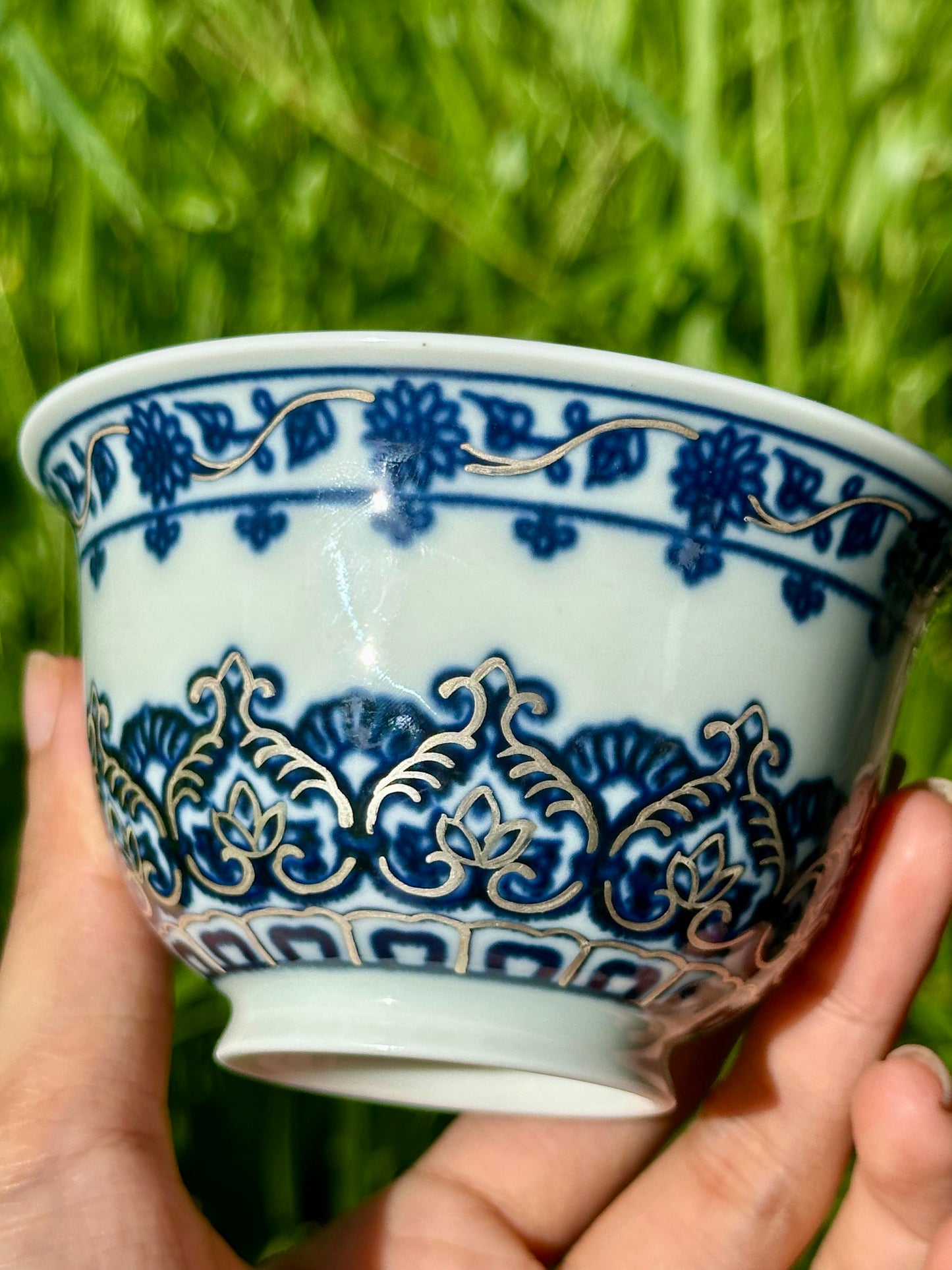 Handpainted Silver Decorative Blue White Porcelain Mandala Flower Gaiwan Tea Tray High Class Set