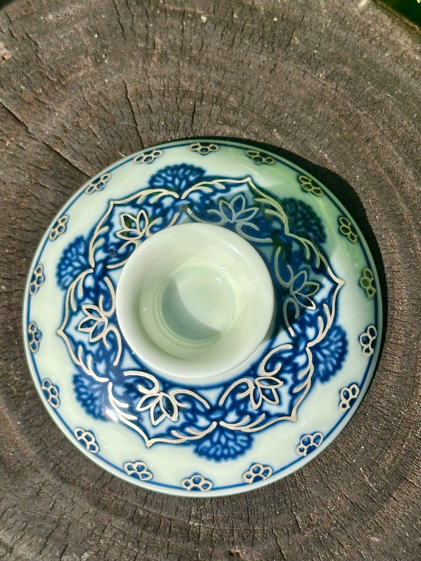 Handpainted Silver Decorative Blue White Porcelain Mandala Flower Gaiwan Tea Tray High Class Set