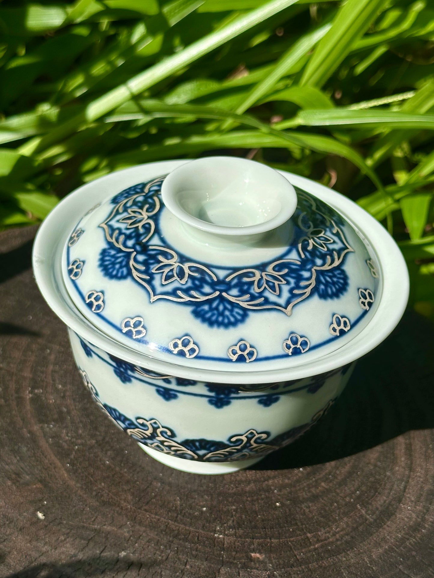 Handpainted Silver Decorative Blue White Porcelain Mandala Flower Gaiwan Tea Tray High Class Set