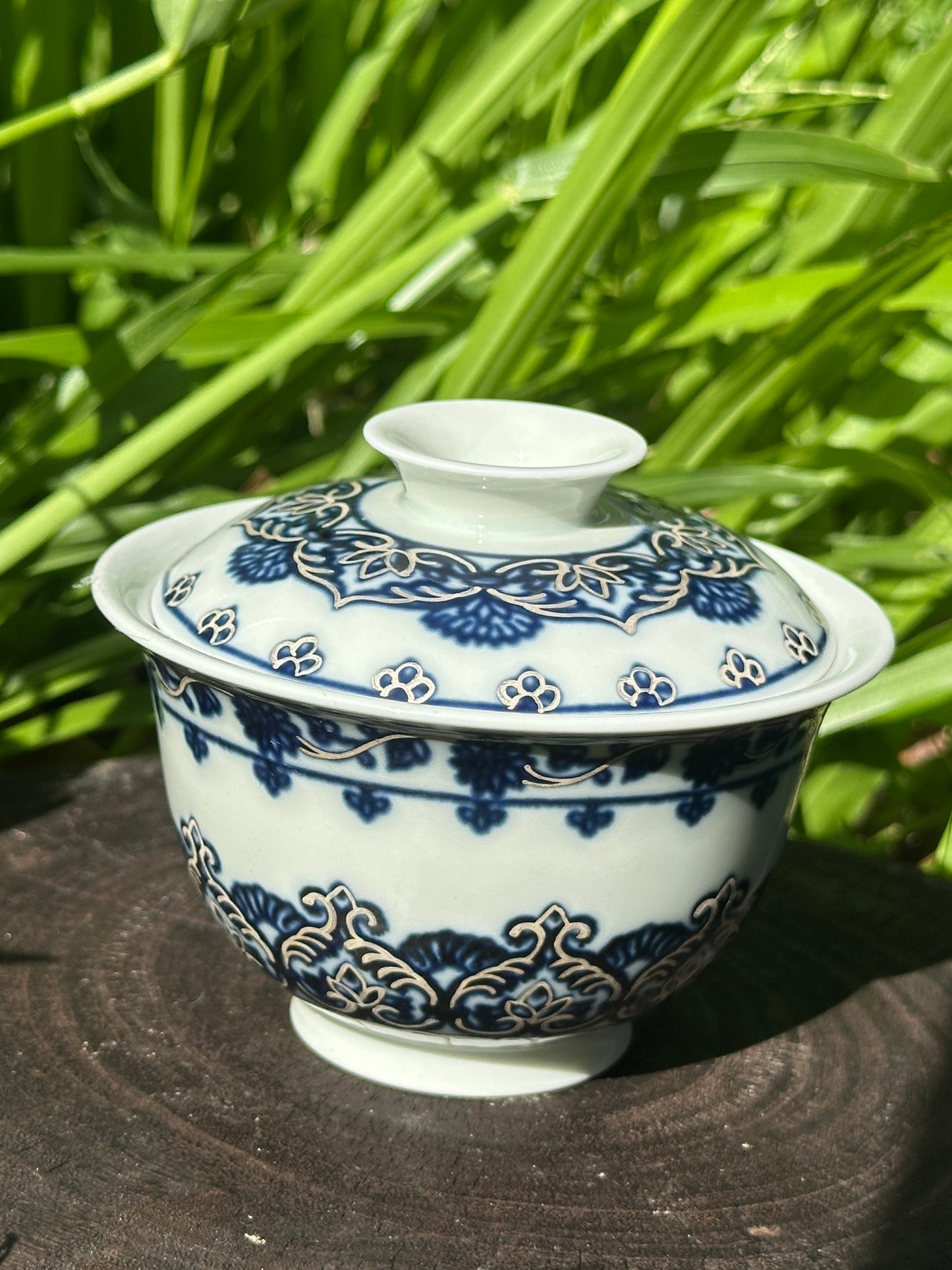 Handpainted Silver Decorative Blue White Porcelain Mandala Flower Gaiwan Tea Tray High Class Set