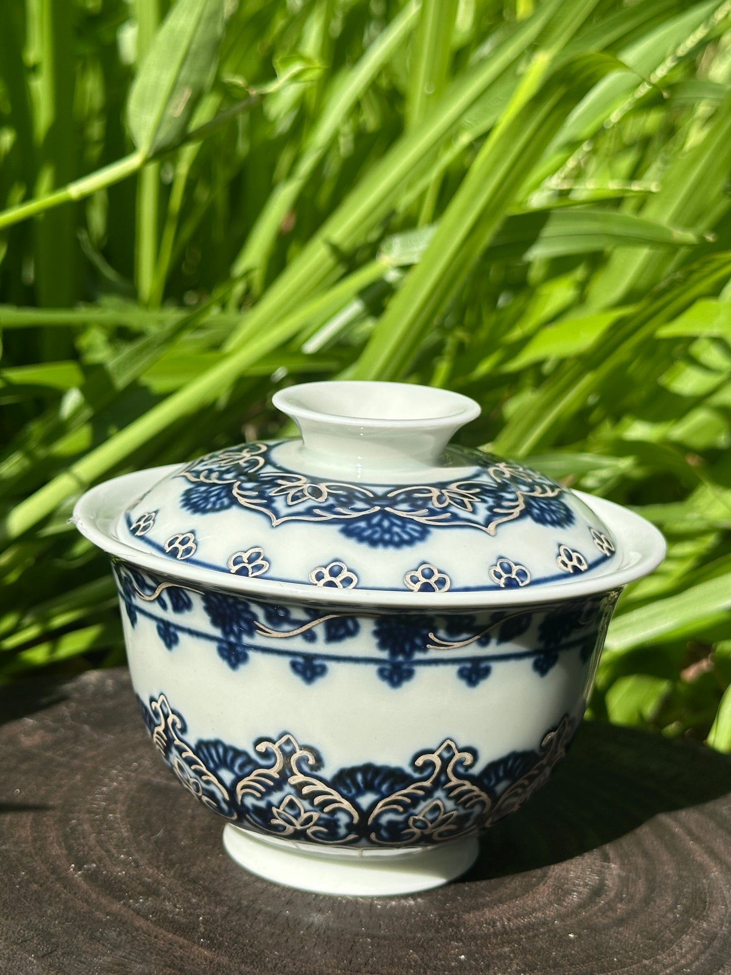 Handpainted Silver Decorative Blue White Porcelain Mandala Flower Gaiwan Tea Tray High Class Set