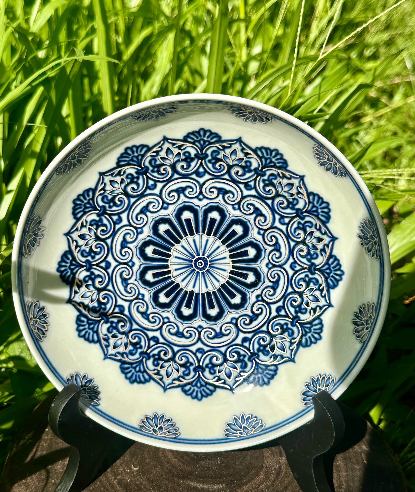 Handpainted Silver Decorative Blue White Porcelain Mandala Flower Gaiwan Tea Tray High Class Set