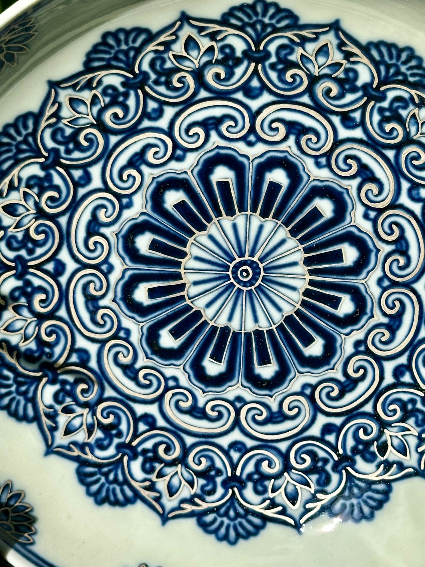 Handpainted Silver Decorative Blue White Porcelain Mandala Flower Gaiwan Tea Tray High Class Set