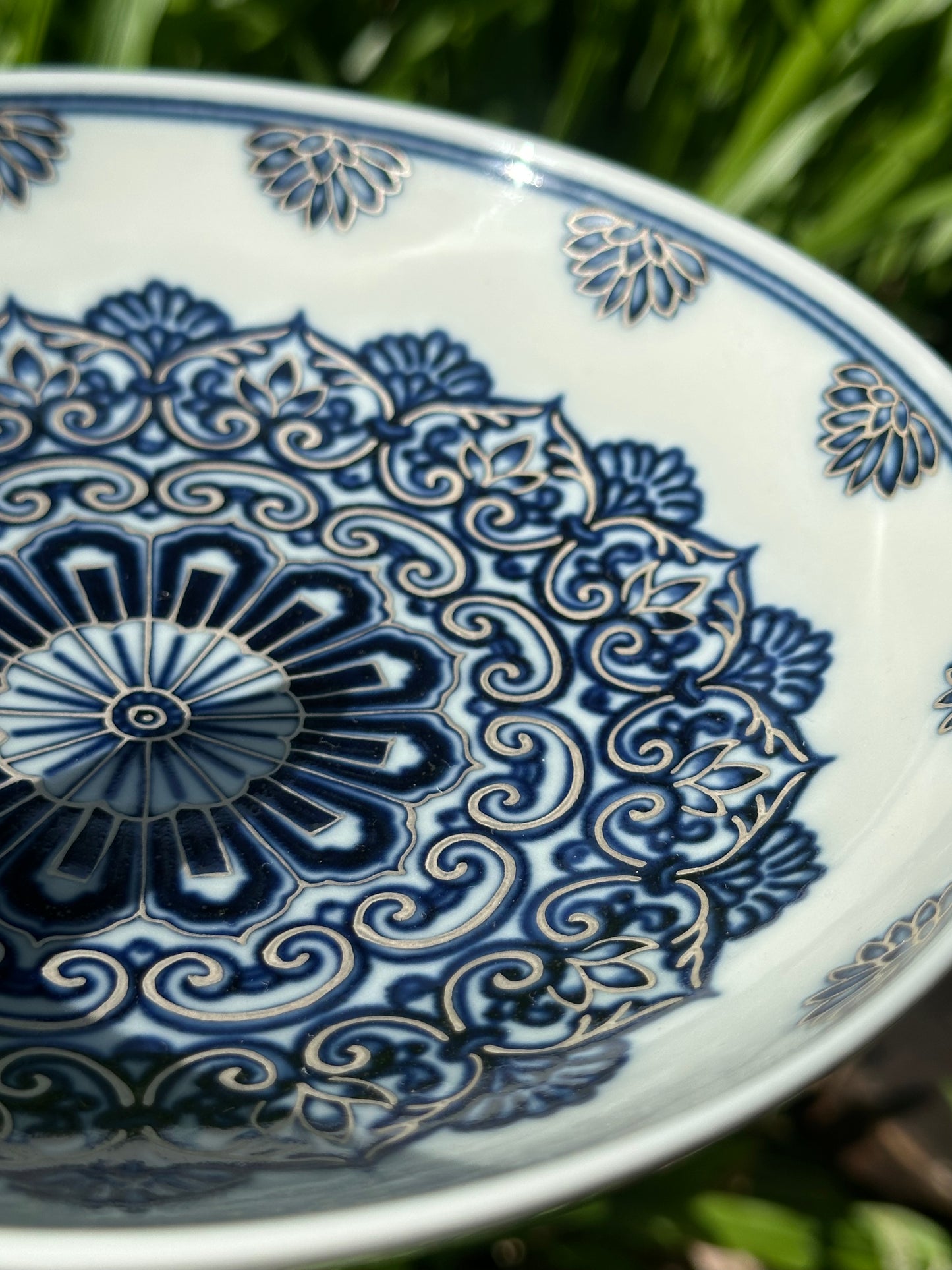 Handpainted Silver Decorative Blue White Porcelain Mandala Flower Gaiwan Tea Tray High Class Set