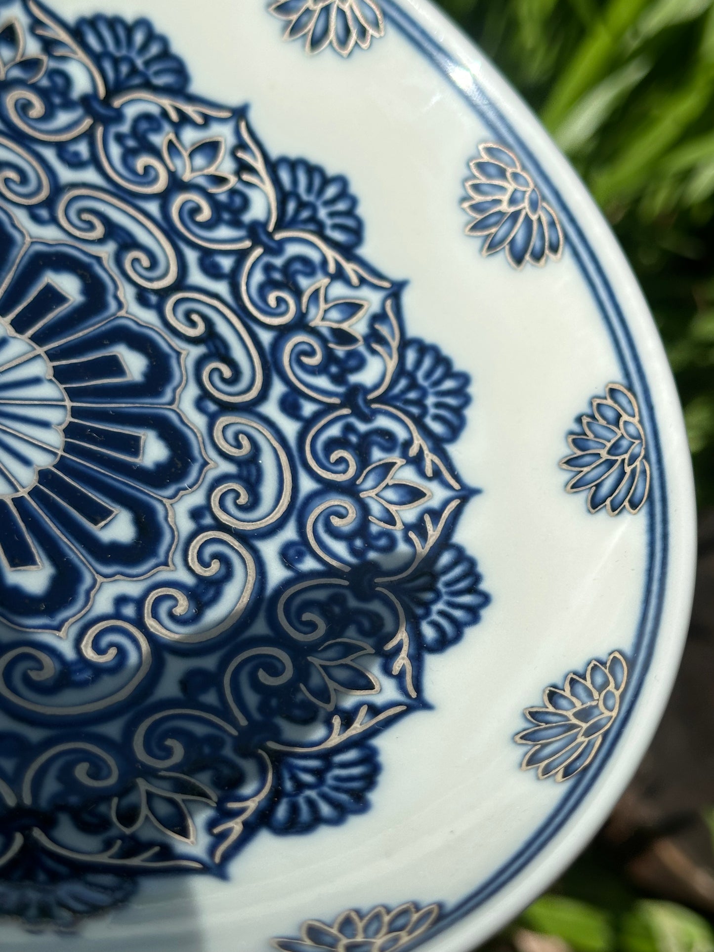 Handpainted Silver Decorative Blue White Porcelain Mandala Flower Gaiwan Tea Tray High Class Set