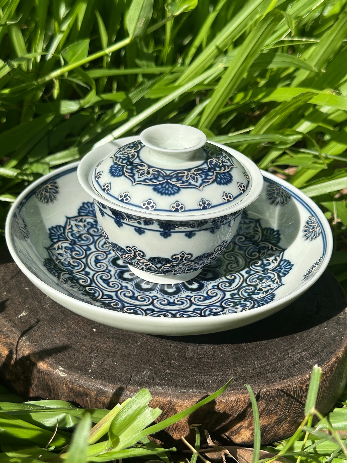 Handpainted Silver Decorative Blue White Porcelain Mandala Flower Gaiwan Tea Tray High Class Set
