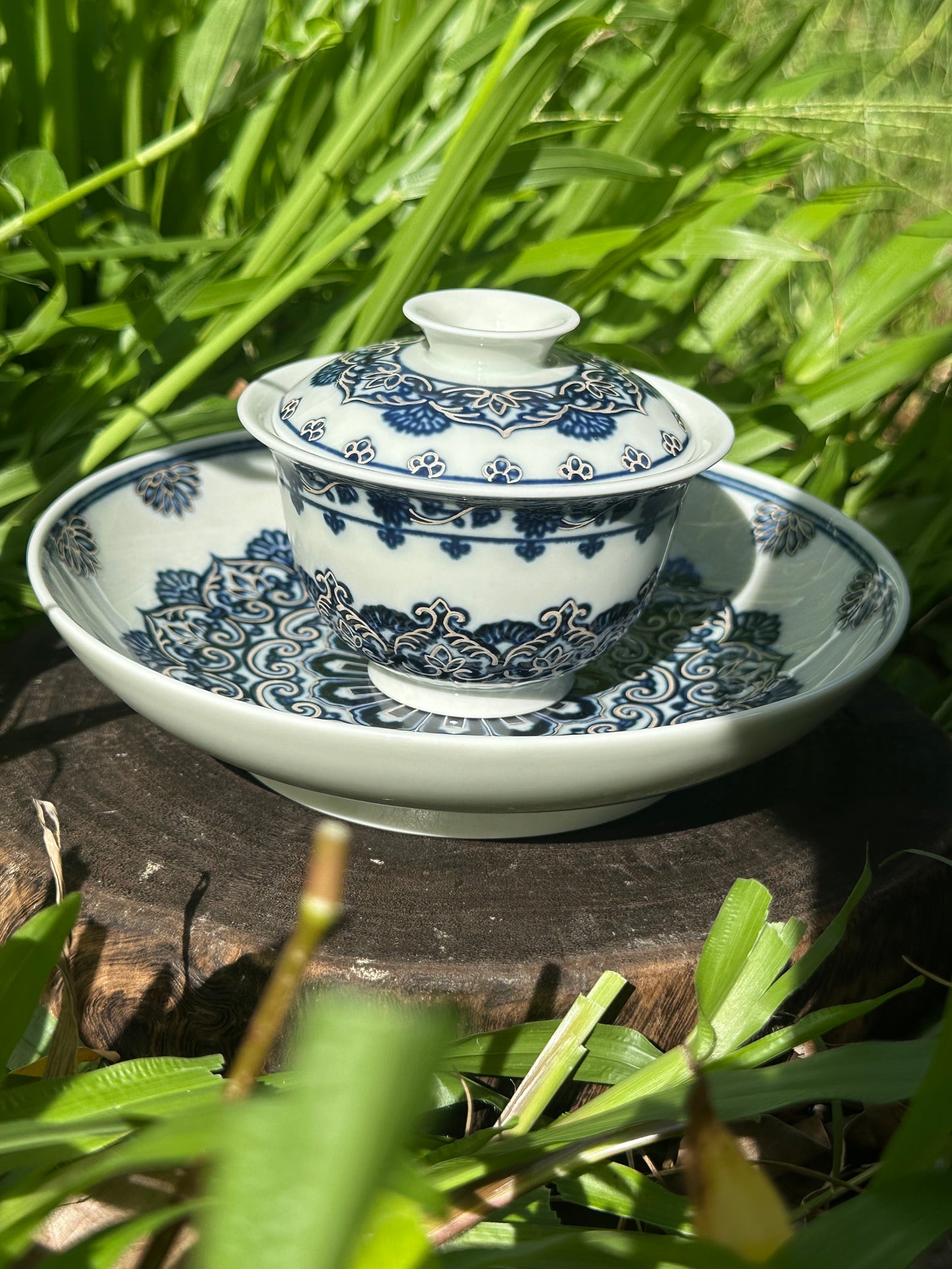 Handpainted Silver Decorative Blue White Porcelain Mandala Flower Gaiwan Tea Tray High Class Set