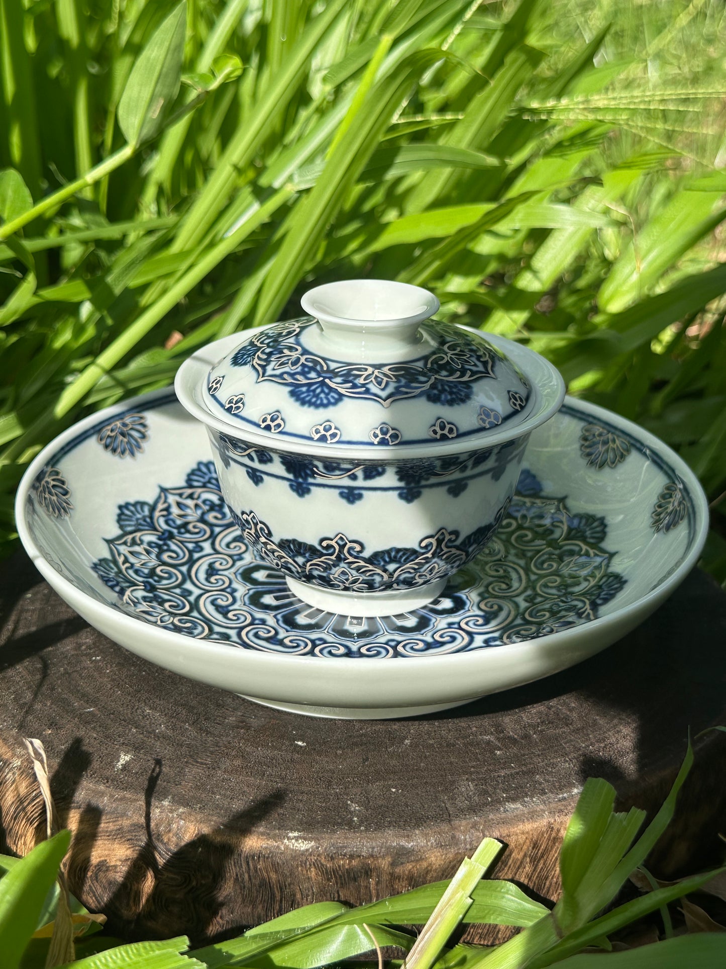 Handpainted Silver Decorative Blue White Porcelain Mandala Flower Gaiwan Tea Tray High Class Set