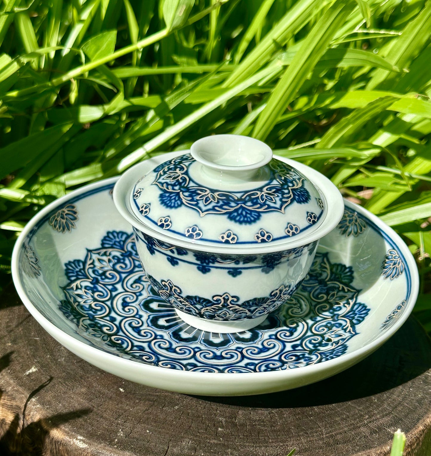Handpainted Silver Decorative Blue White Porcelain Mandala Flower Gaiwan Tea Tray High Class Set
