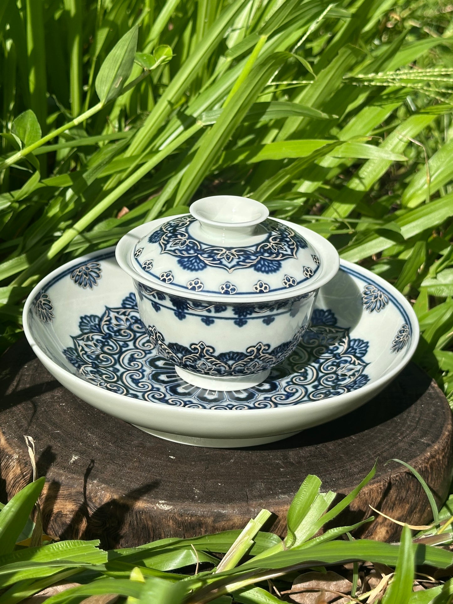 Handpainted Silver Decorative Blue White Porcelain Mandala Flower Gaiwan Tea Tray High Class Set