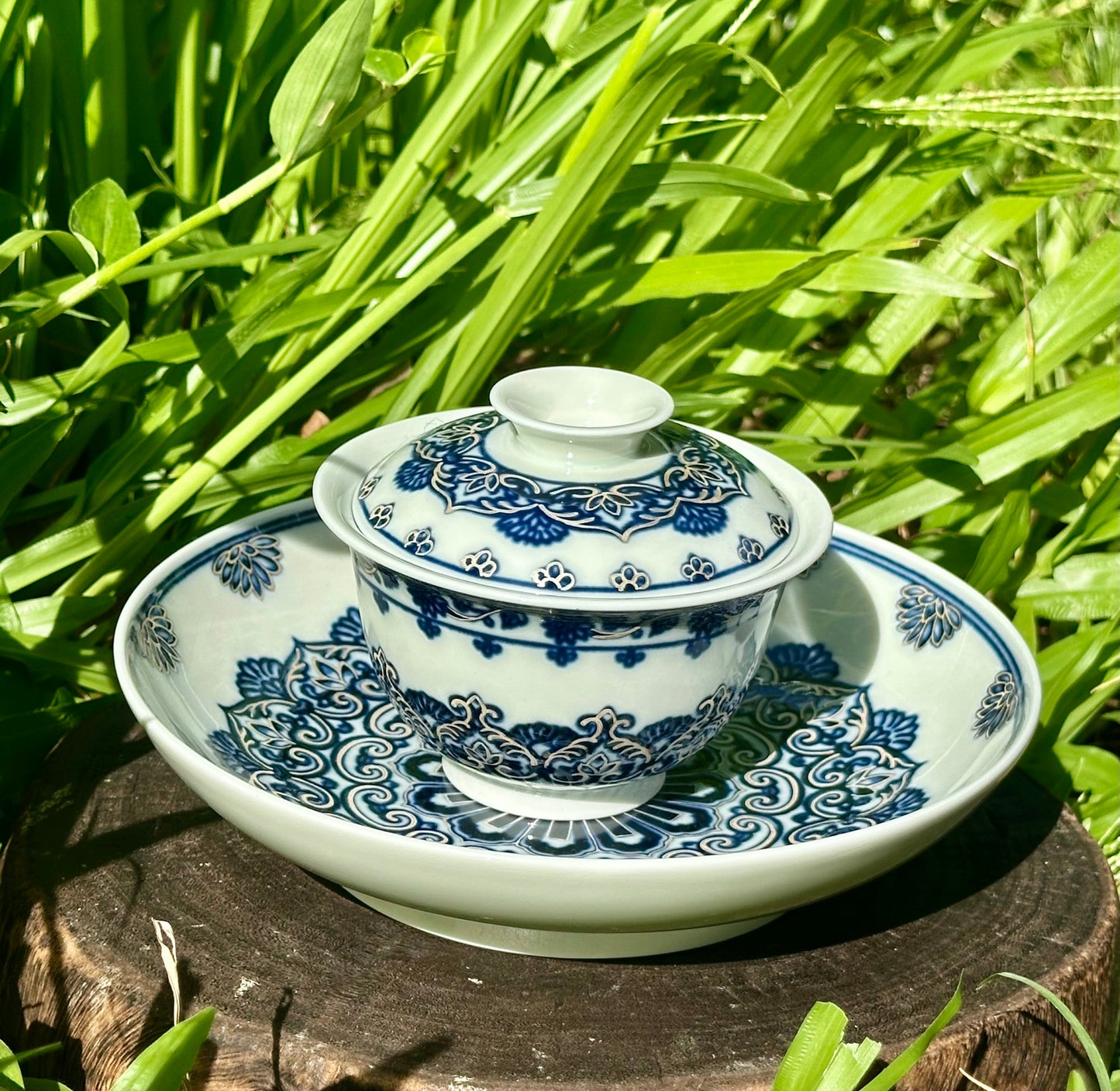 Handpainted Silver Decorative Blue White Porcelain Mandala Flower Gaiwan Tea Tray High Class Set