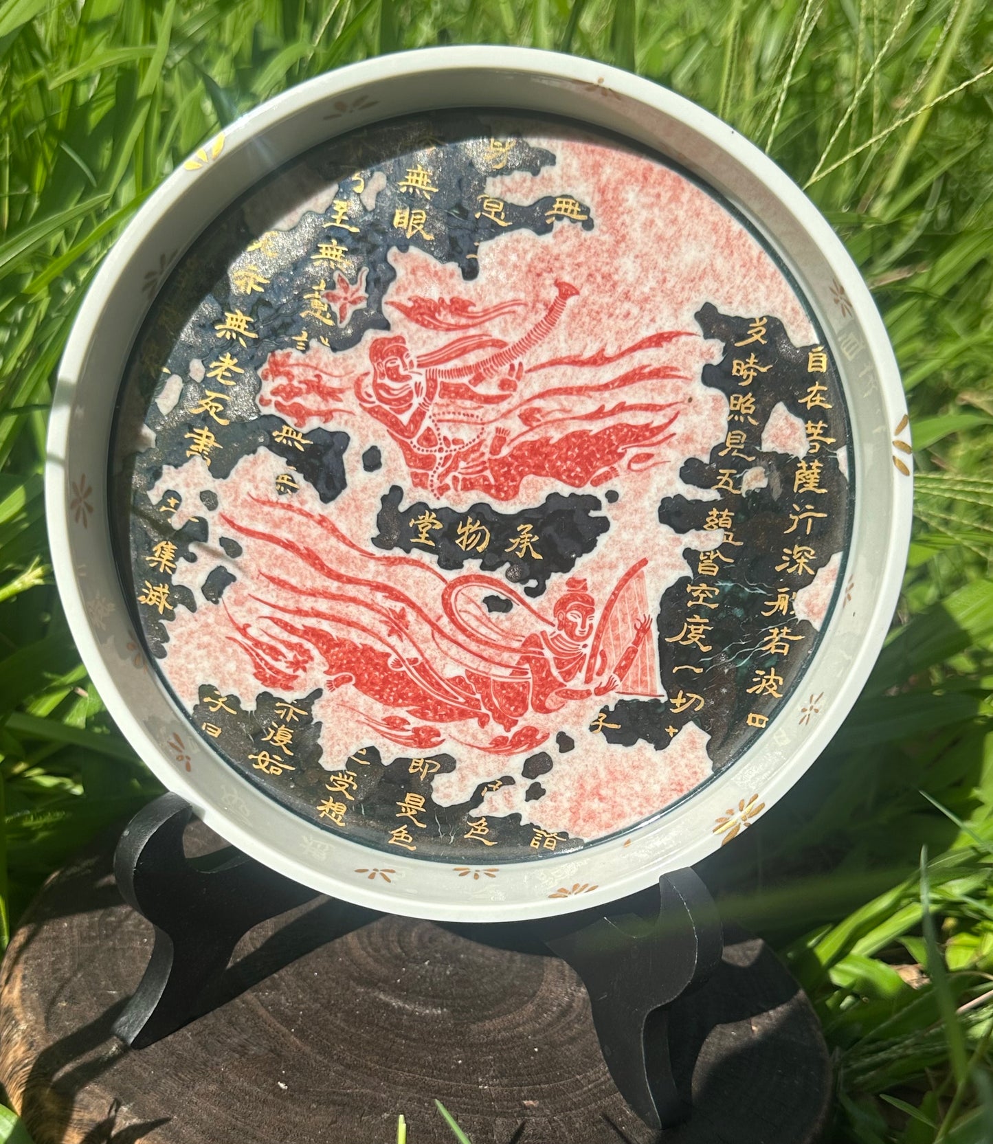 Chinese Red Enameled Hand Painted Porcelain Imitating Tapian Traditional Rubbing Bouddha Calligraphy Masterpiece Gaiwan Tea Tray Set