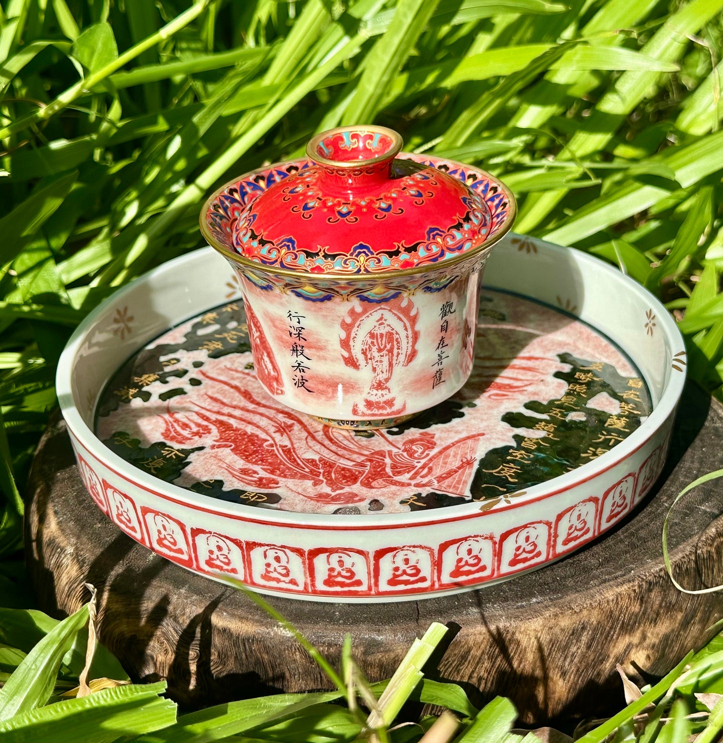 Chinese Red Enameled Hand Painted Porcelain Imitating Tapian Traditional Rubbing Bouddha Calligraphy Masterpiece Gaiwan Tea Tray Set