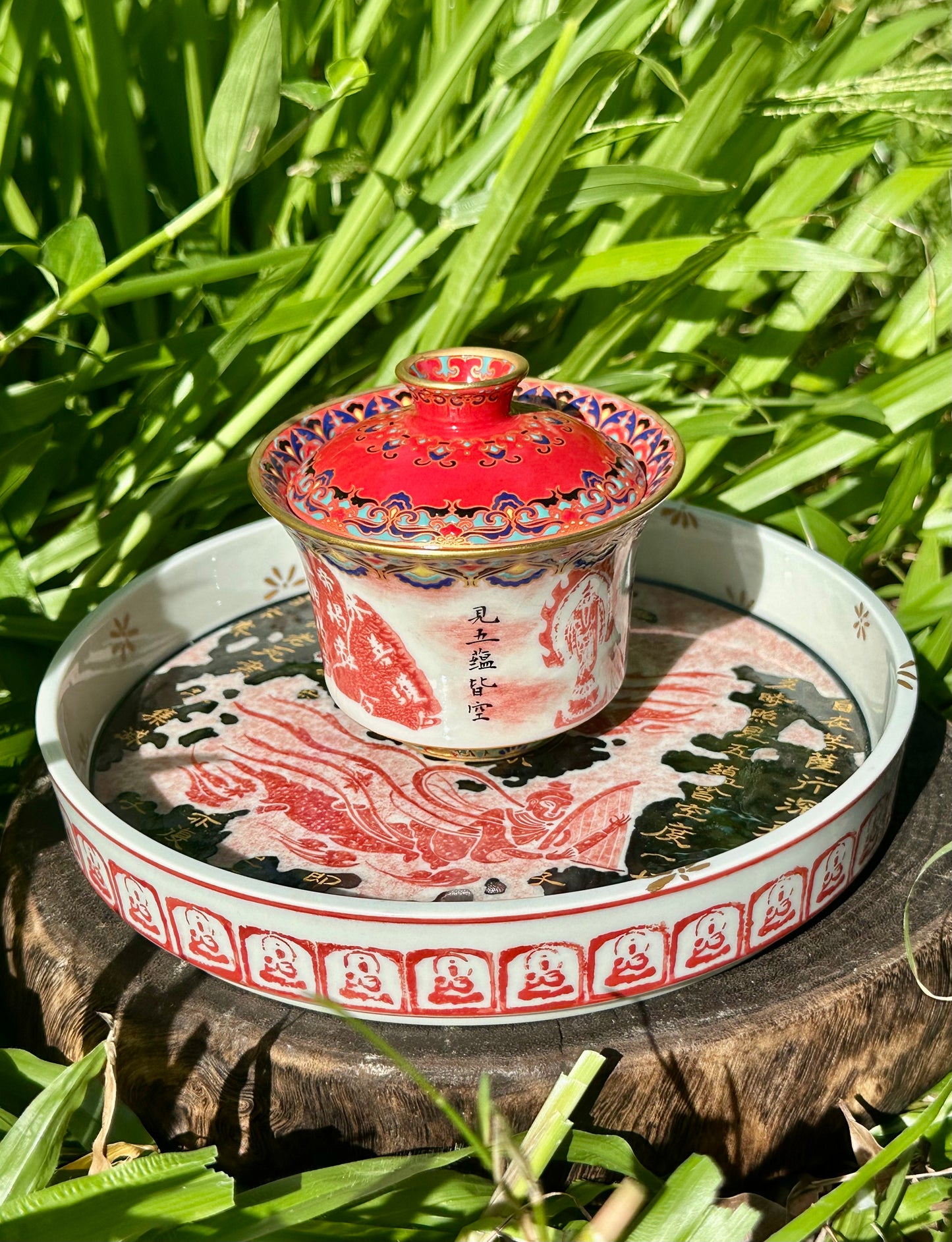 Chinese Red Enameled Hand Painted Porcelain Imitating Tapian Traditional Rubbing Bouddha Calligraphy Masterpiece Gaiwan Tea Tray Set
