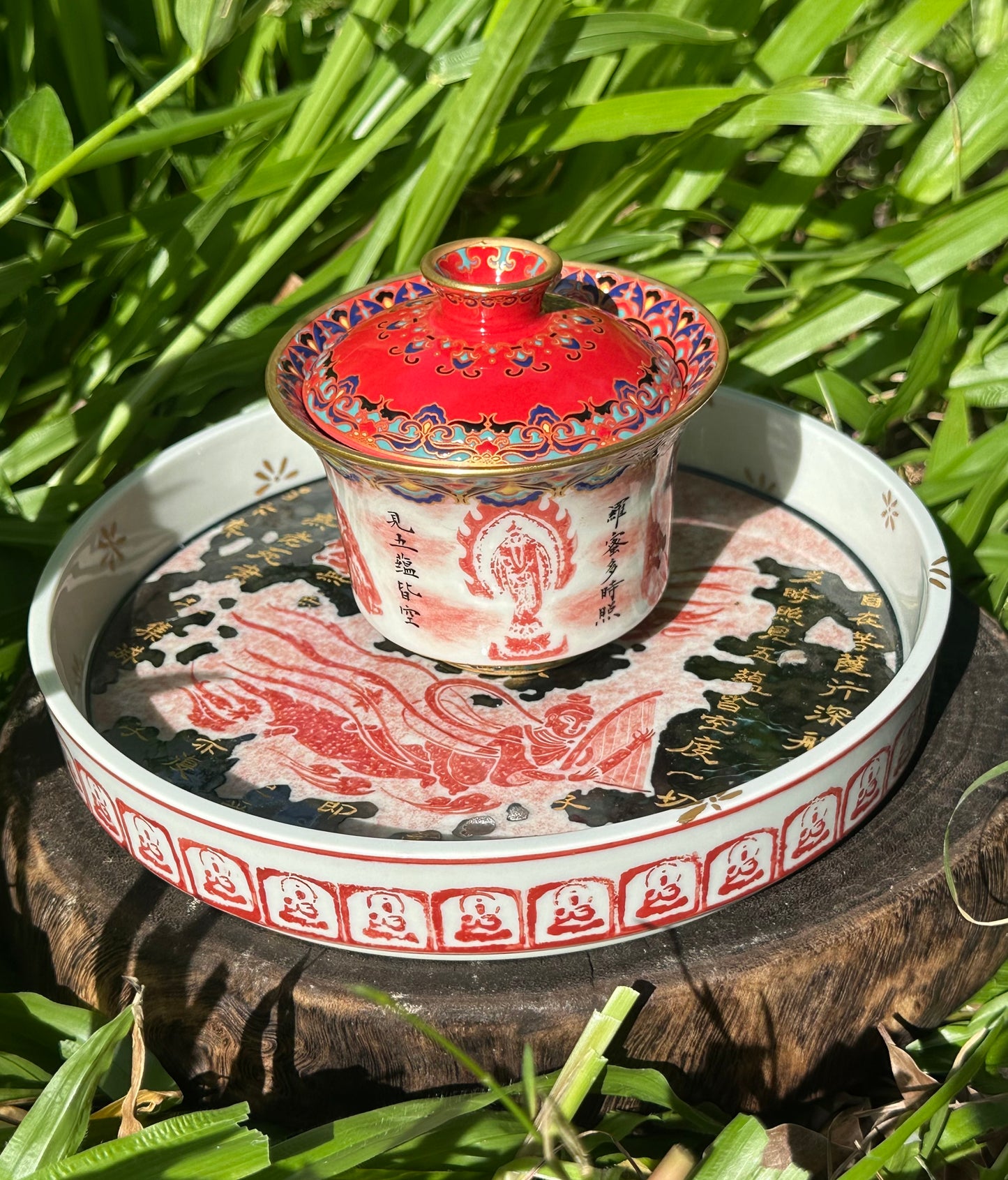 Chinese Red Enameled Hand Painted Porcelain Imitating Tapian Traditional Rubbing Bouddha Calligraphy Masterpiece Gaiwan Tea Tray Set