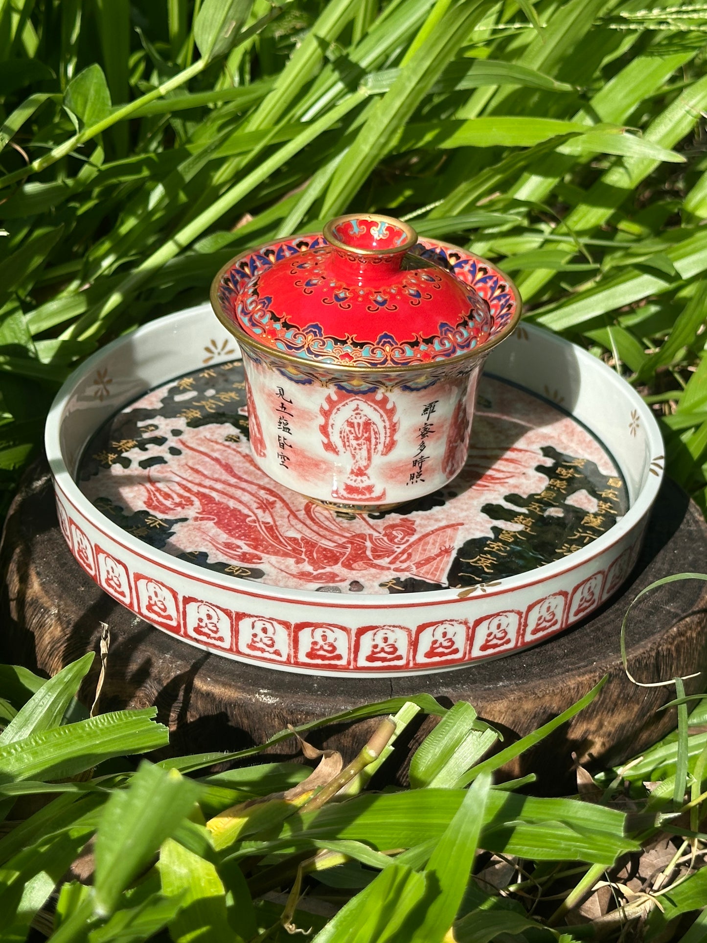 Chinese Red Enameled Hand Painted Porcelain Imitating Tapian Traditional Rubbing Bouddha Calligraphy Masterpiece Gaiwan Tea Tray Set