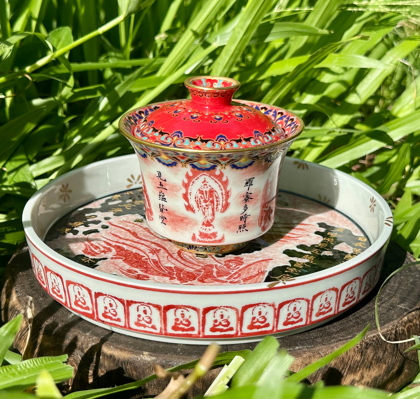 Chinese Red Enameled Hand Painted Porcelain Imitating Tapian Traditional Rubbing Bouddha Calligraphy Masterpiece Gaiwan Tea Tray Set
