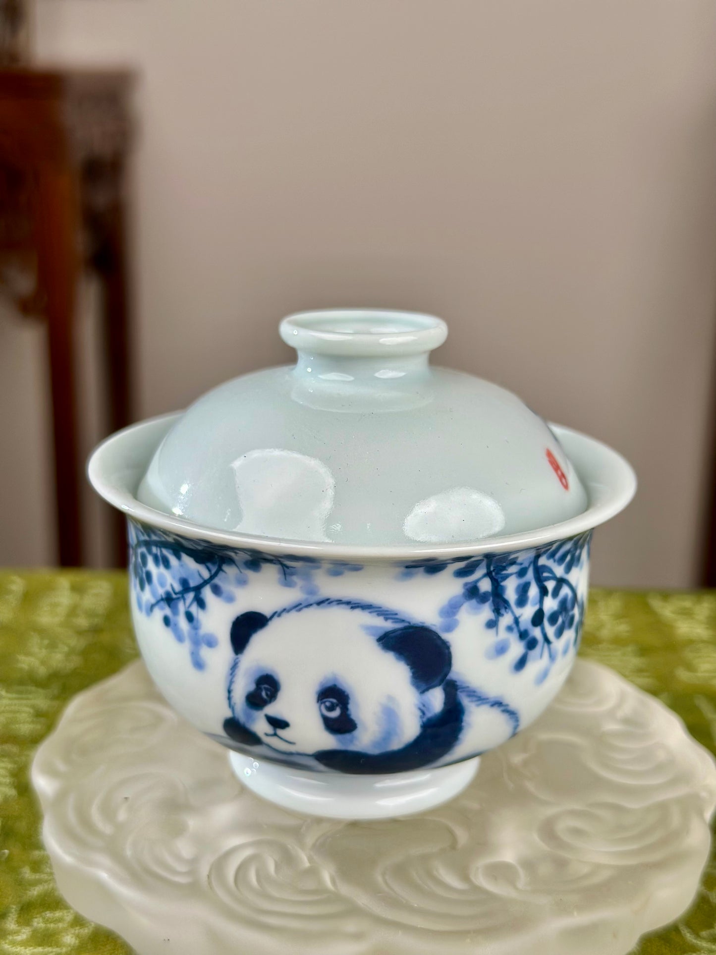 Hanpainted Chinese Blue White Porcelain Panda Teapot Gaiwan Set Jingdezhen Artwork