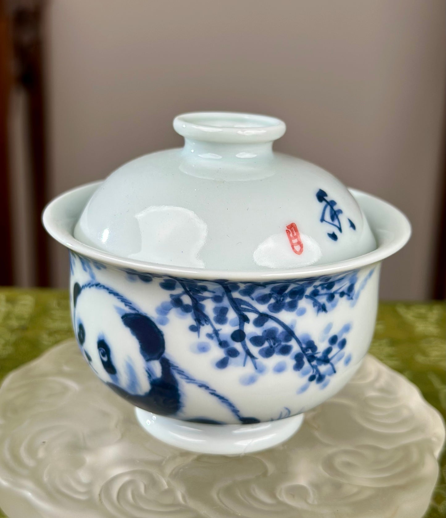 Hanpainted Chinese Blue White Porcelain Panda Teapot Gaiwan Set Jingdezhen Artwork