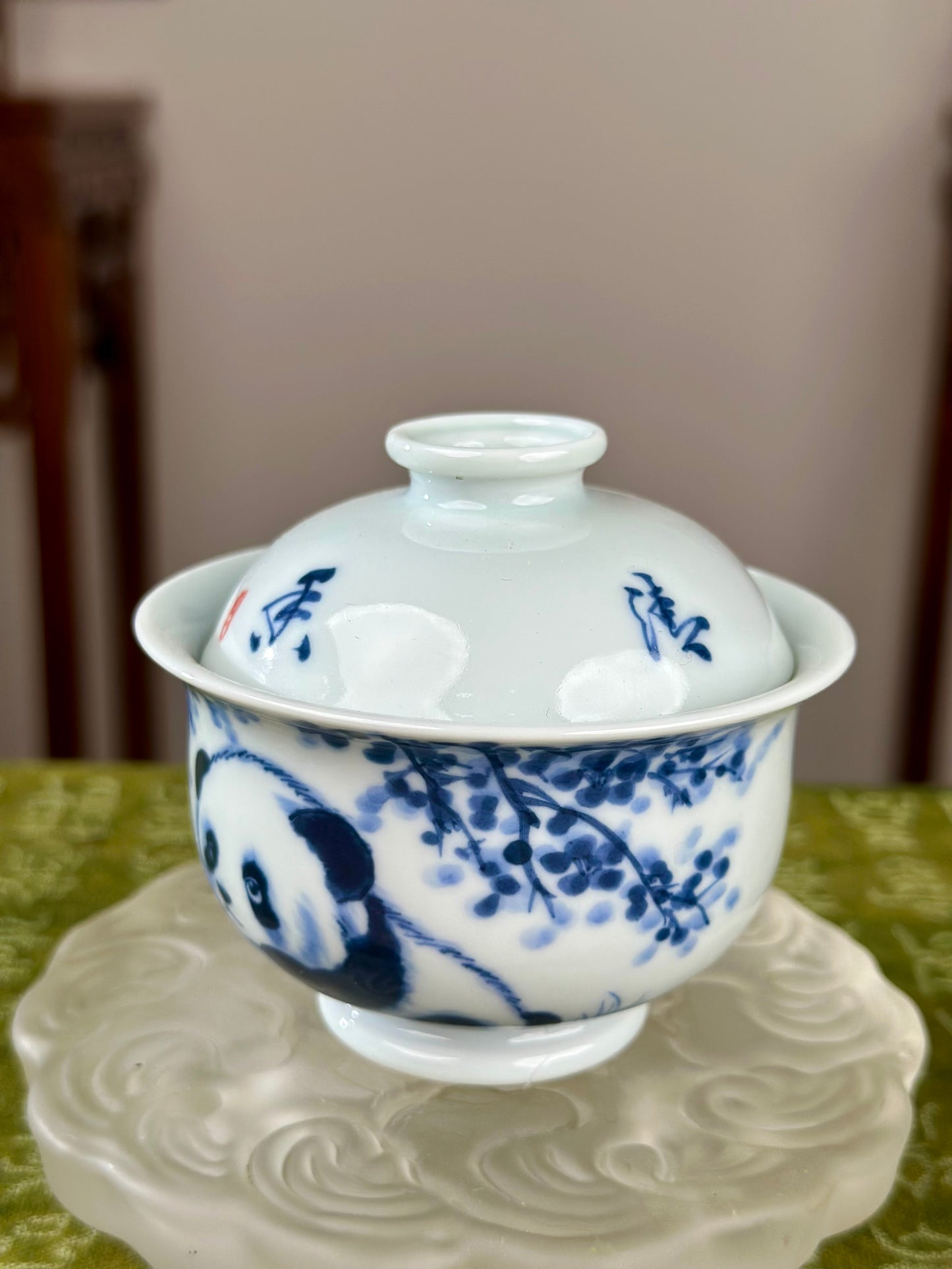 Hanpainted Chinese Blue White Porcelain Panda Teapot Gaiwan Set Jingdezhen Artwork