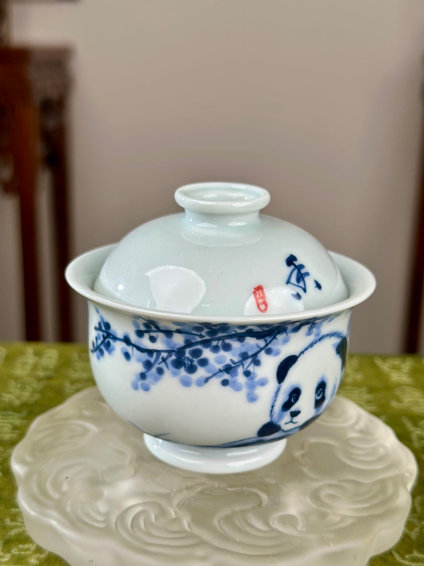 Hanpainted Chinese Blue White Porcelain Panda Teapot Gaiwan Set Jingdezhen Artwork