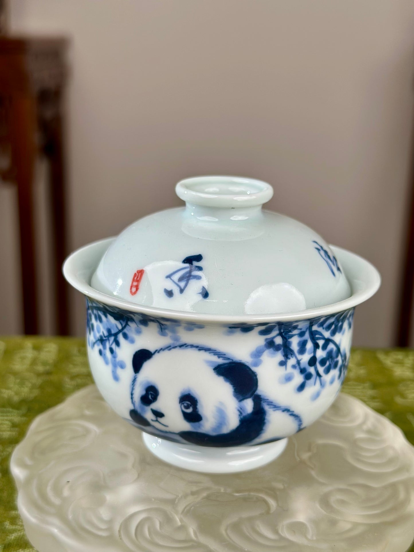 Hanpainted Chinese Blue White Porcelain Panda Teapot Gaiwan Set Jingdezhen Artwork