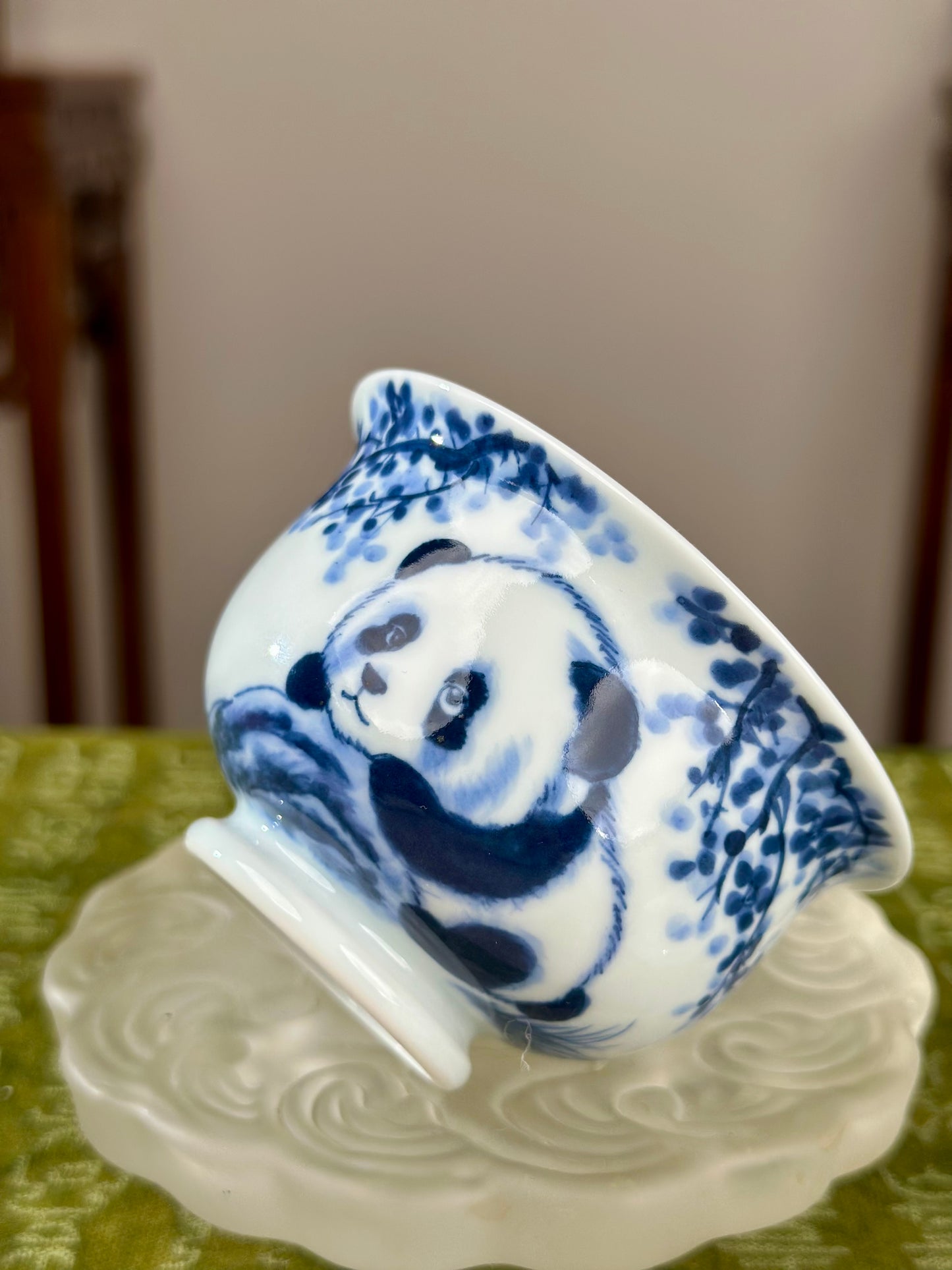 Hanpainted Chinese Blue White Porcelain Panda Teapot Gaiwan Set Jingdezhen Artwork