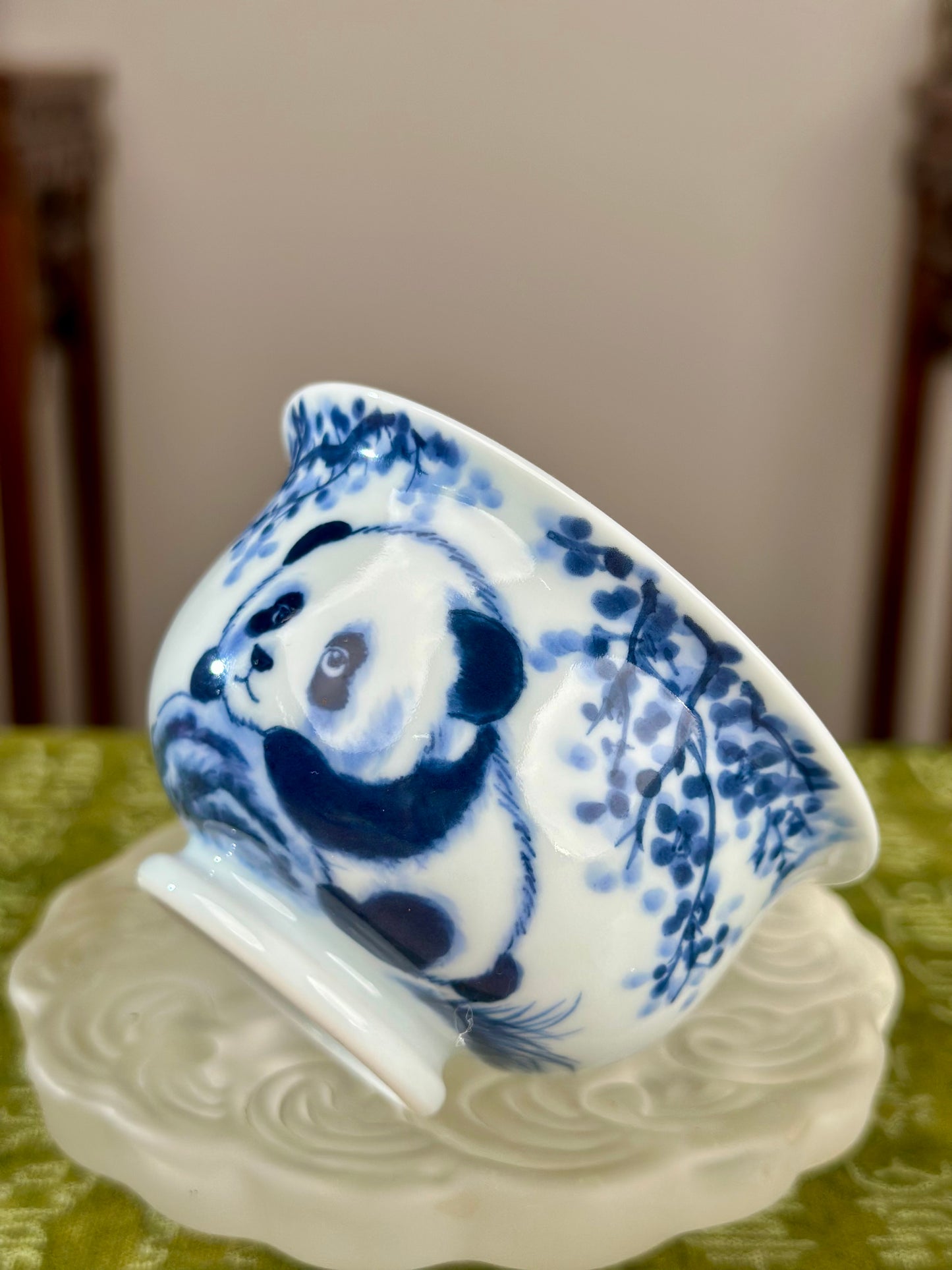 Hanpainted Chinese Blue White Porcelain Panda Teapot Gaiwan Set Jingdezhen Artwork
