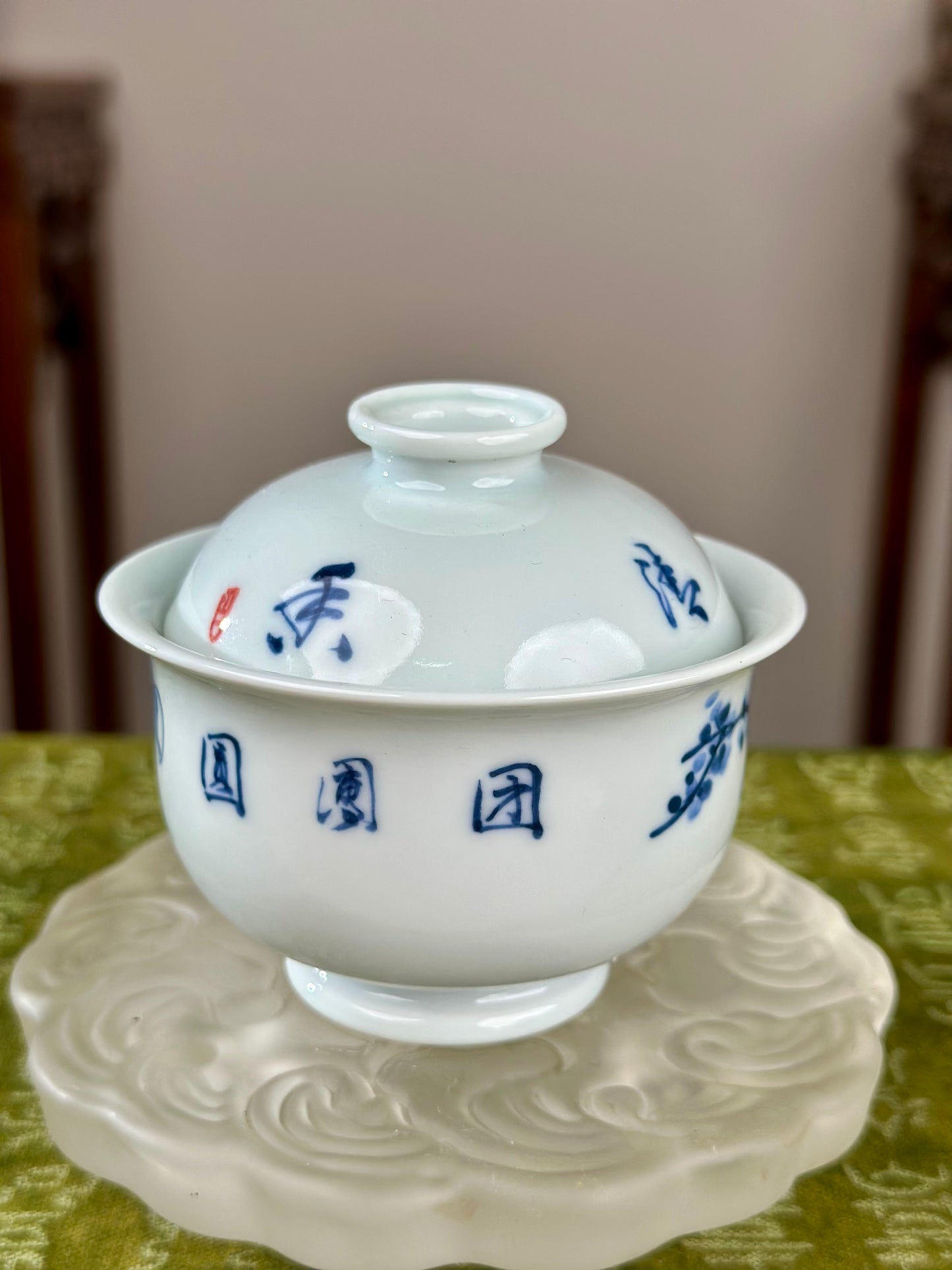 Hanpainted Chinese Blue White Porcelain Panda Teapot Gaiwan Set Jingdezhen Artwork