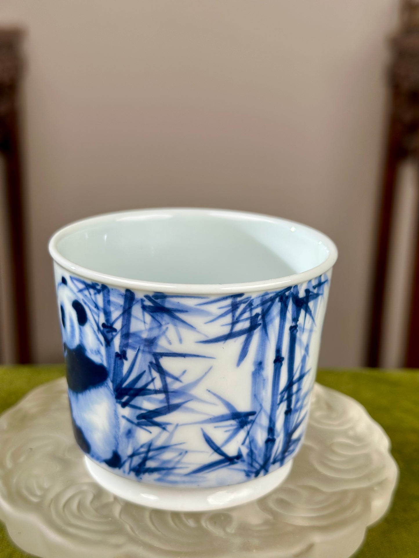 Hanpainted Chinese Blue White Porcelain Panda Teapot Gaiwan Set Jingdezhen Artwork