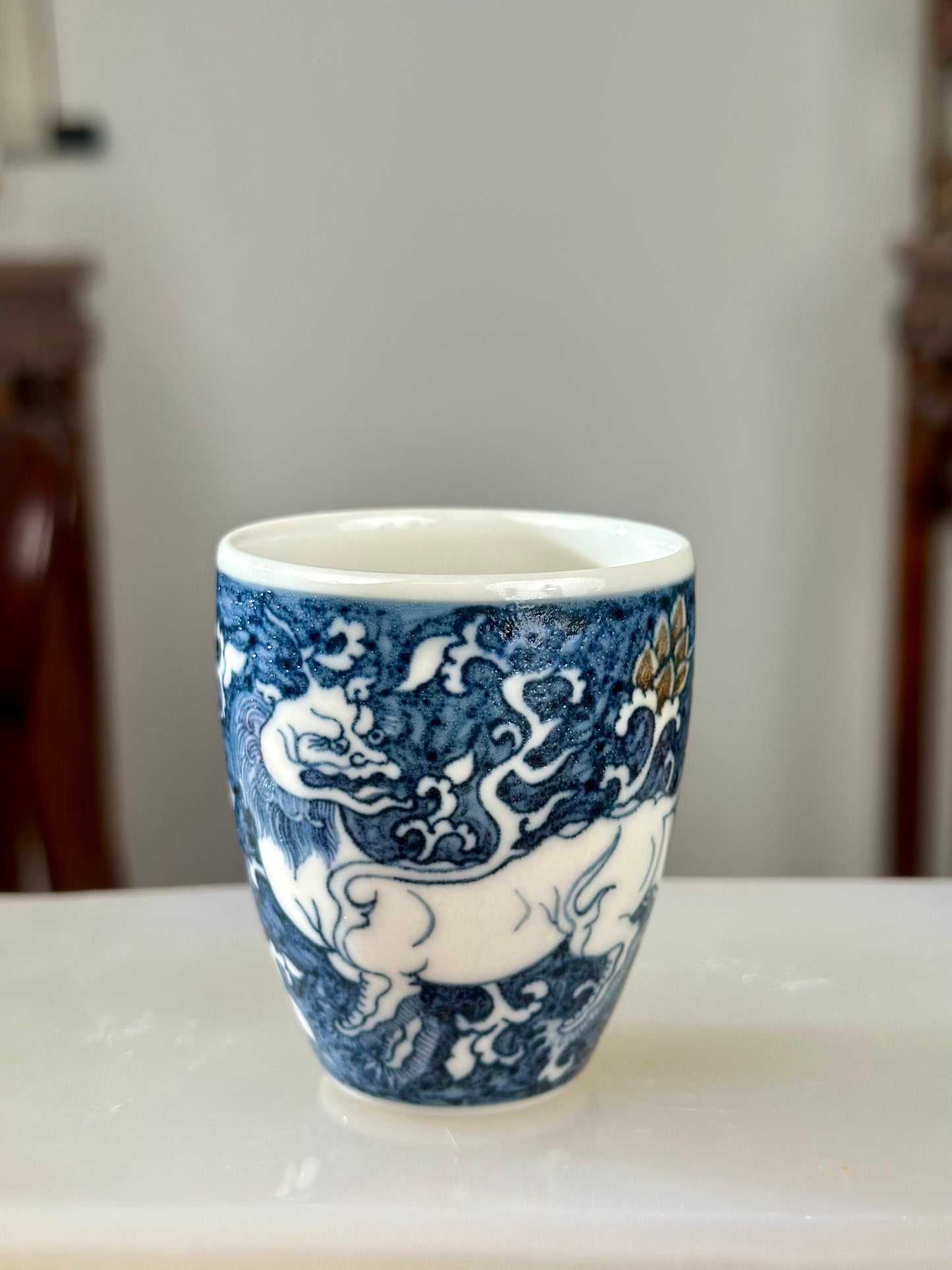 Handpainted Chinese Luxious Underglaze Gold Youlijin Traditional Lion Pattern Masterpiece Gaiwan Set Artwork Teacup