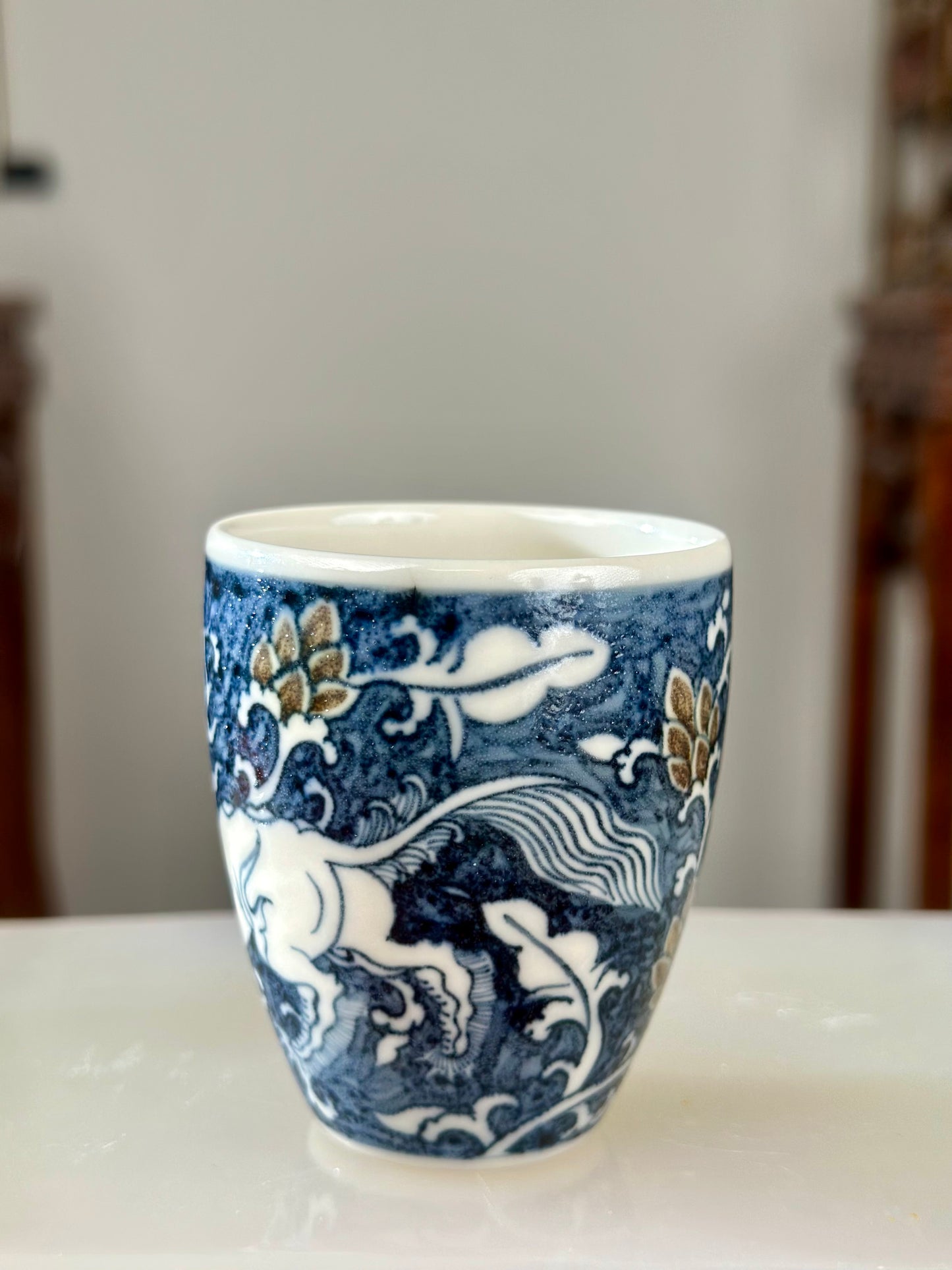 Handpainted Chinese Luxious Underglaze Gold Youlijin Traditional Lion Pattern Masterpiece Gaiwan Set Artwork Teacup
