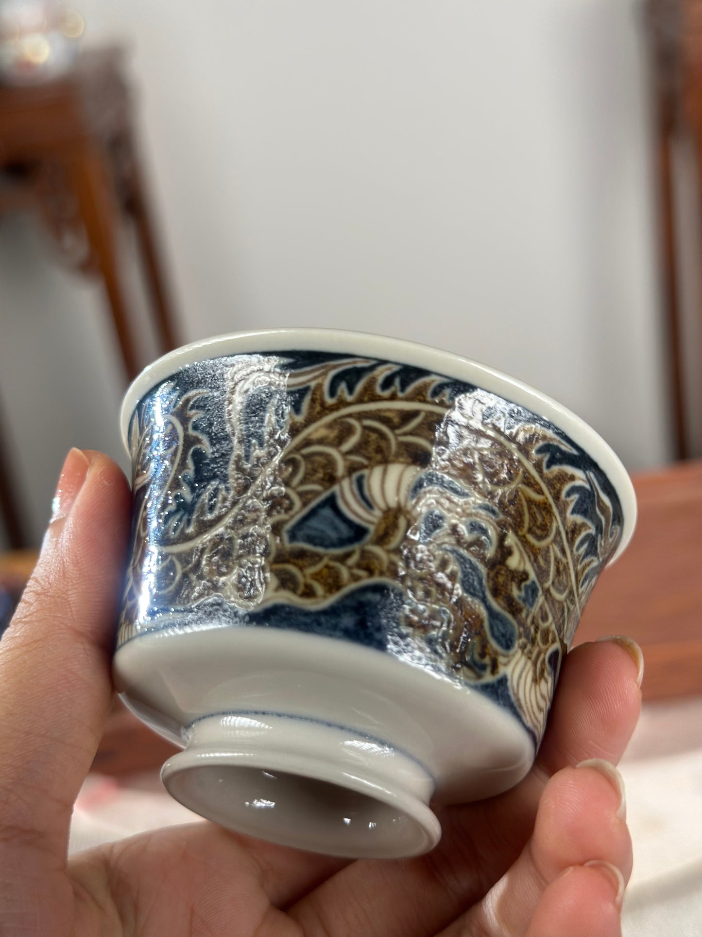 Handpainted Chinese Luxious Blue White Porcelain Underglaze Gold Youlijin Traditional Dragon Pattern Masterpiece Gaiwan Set Artwork Teacup