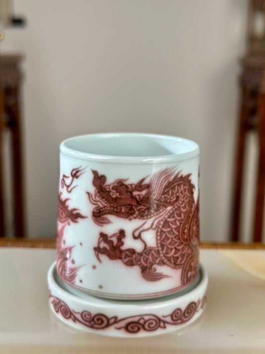 Hand Painted Chinese Dragon Rotating Teacup Underglaze Red Youlihong Jingdezhen Master Ceramic
