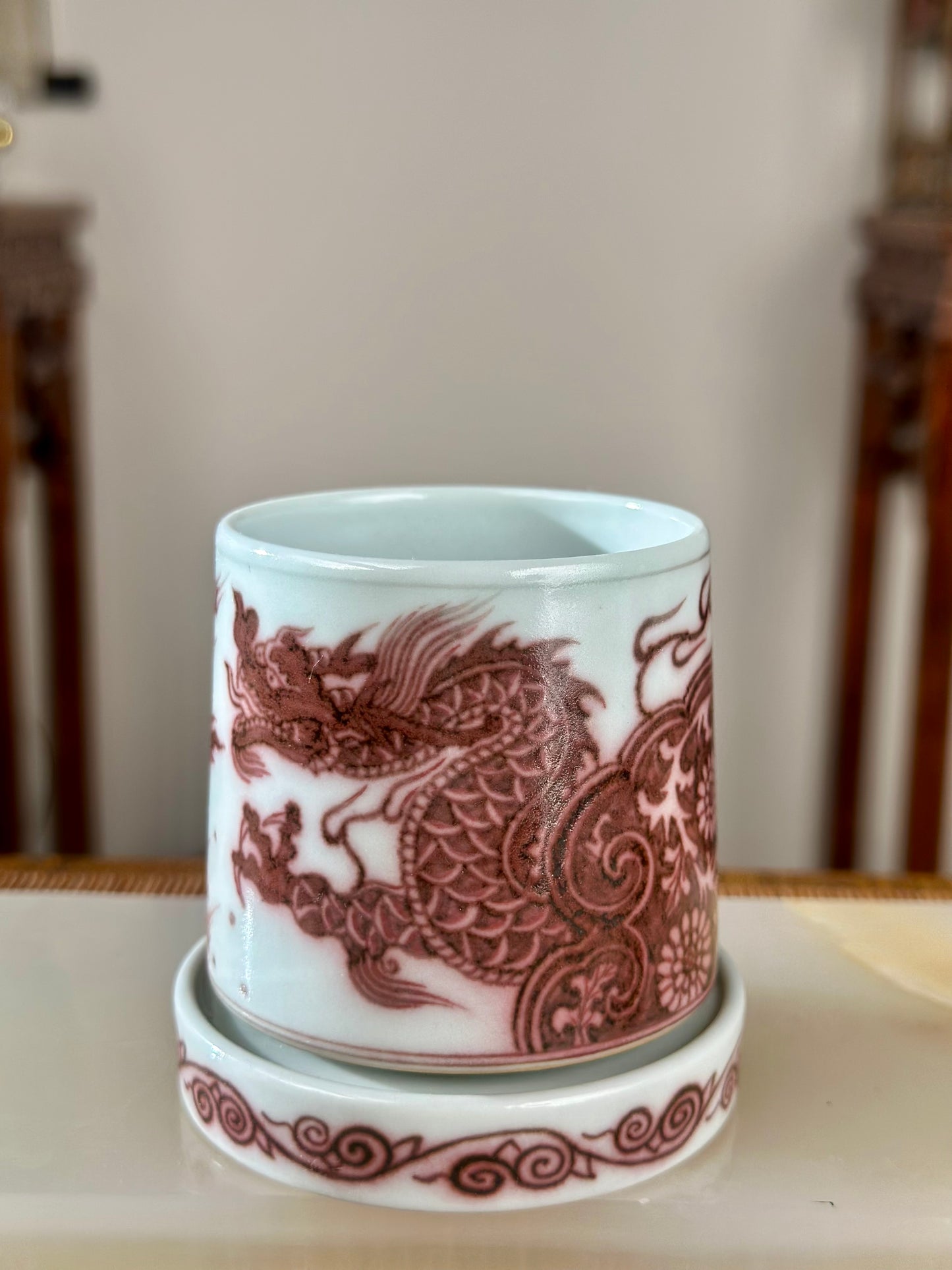 Hand Painted Chinese Dragon Rotating Teacup Underglaze Red Youlihong Jingdezhen Master Ceramic