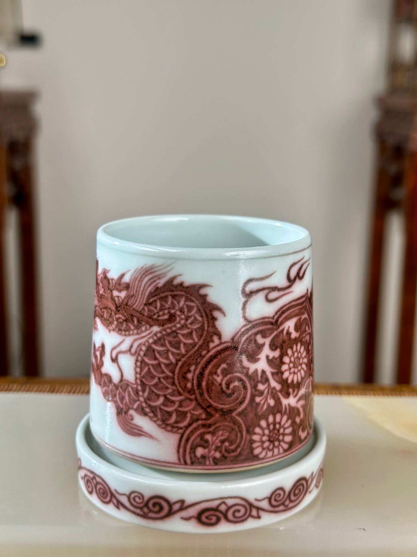 Hand Painted Chinese Dragon Rotating Teacup Underglaze Red Youlihong Jingdezhen Master Ceramic