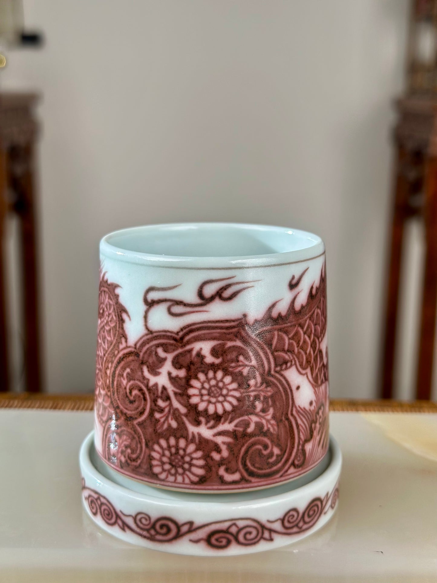 Hand Painted Chinese Dragon Rotating Teacup Underglaze Red Youlihong Jingdezhen Master Ceramic