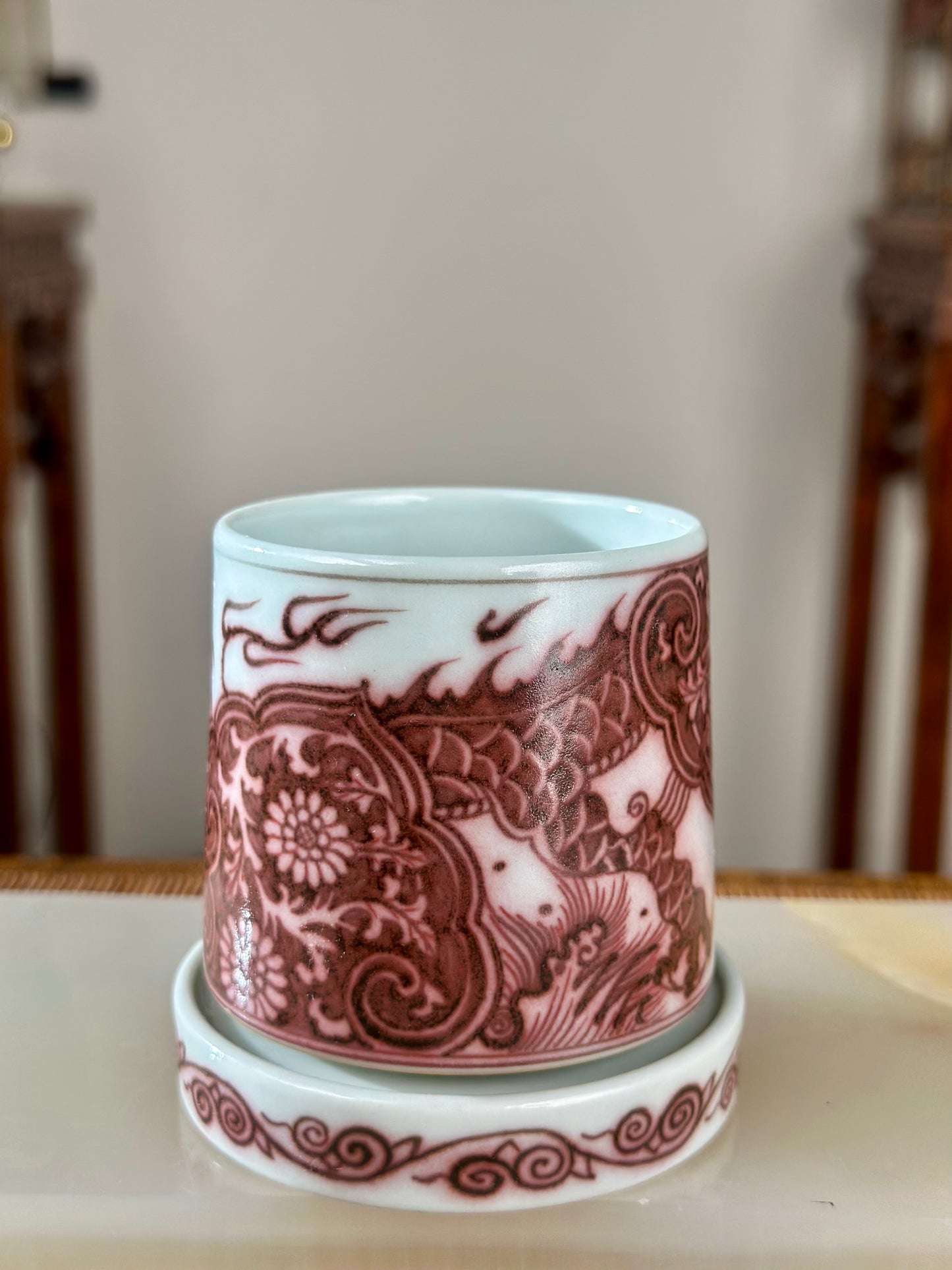 Hand Painted Chinese Dragon Rotating Teacup Underglaze Red Youlihong Jingdezhen Master Ceramic