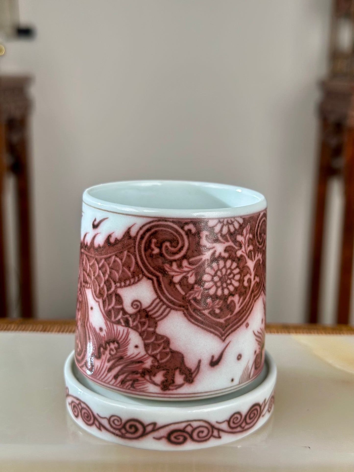 Hand Painted Chinese Dragon Rotating Teacup Underglaze Red Youlihong Jingdezhen Master Ceramic