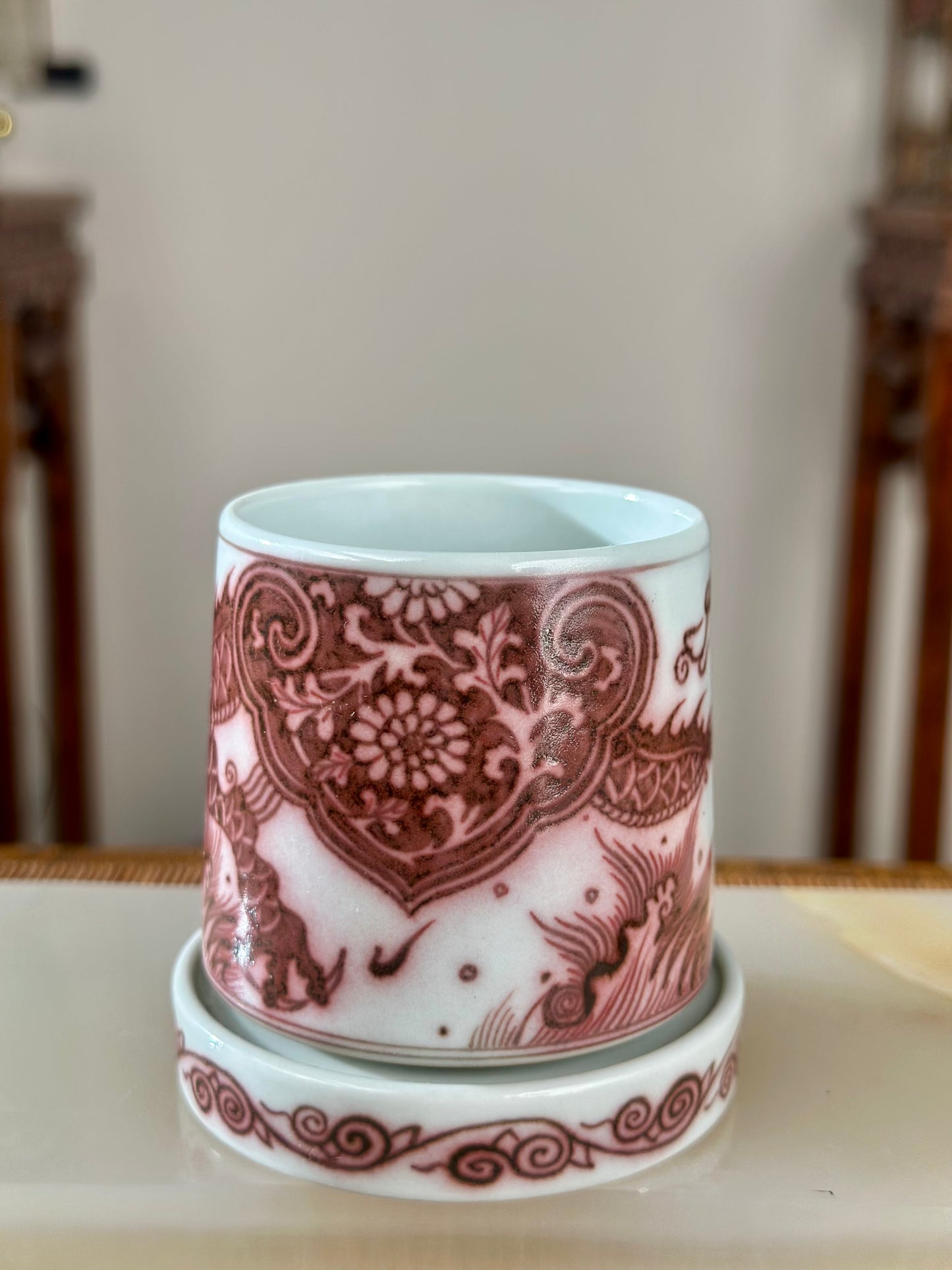 Hand Painted Chinese Dragon Rotating Teacup Underglaze Red Youlihong Jingdezhen Master Ceramic