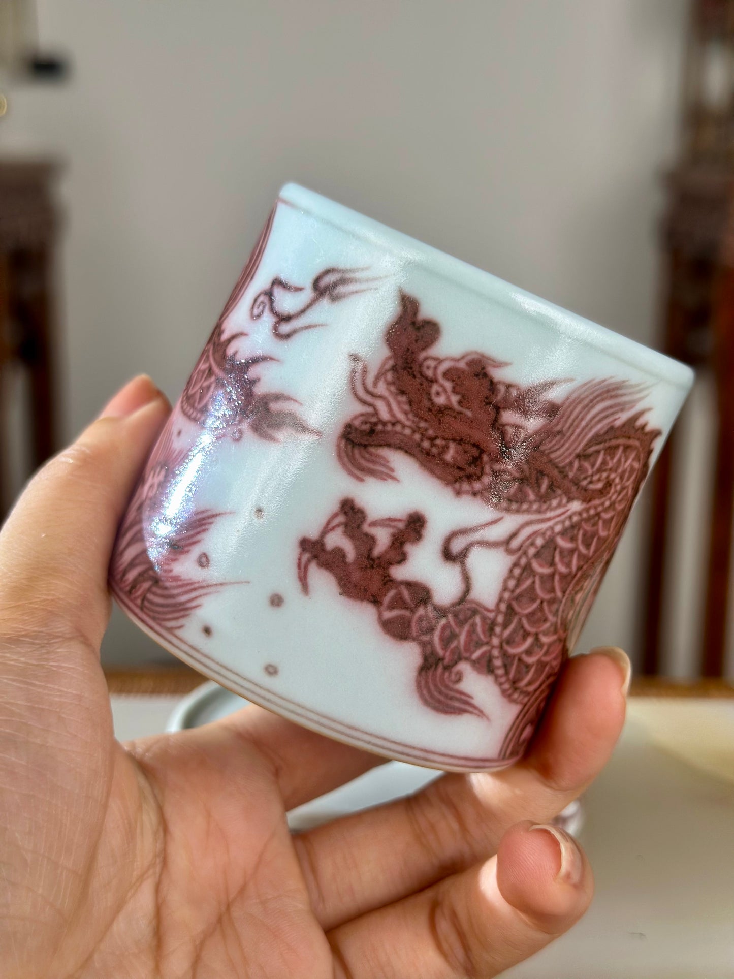 Hand Painted Chinese Dragon Rotating Teacup Underglaze Red Youlihong Jingdezhen Master Ceramic