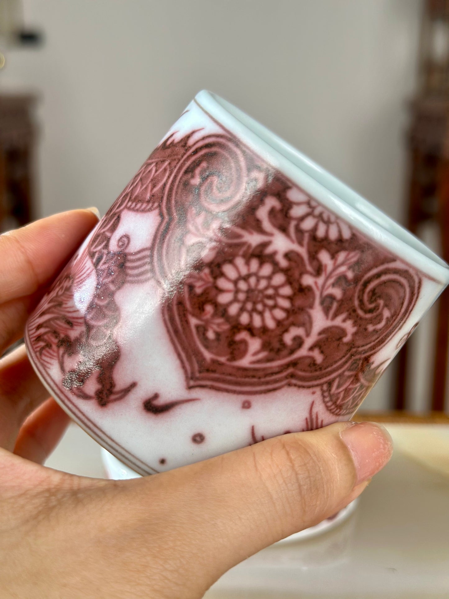 Hand Painted Chinese Dragon Rotating Teacup Underglaze Red Youlihong Jingdezhen Master Ceramic